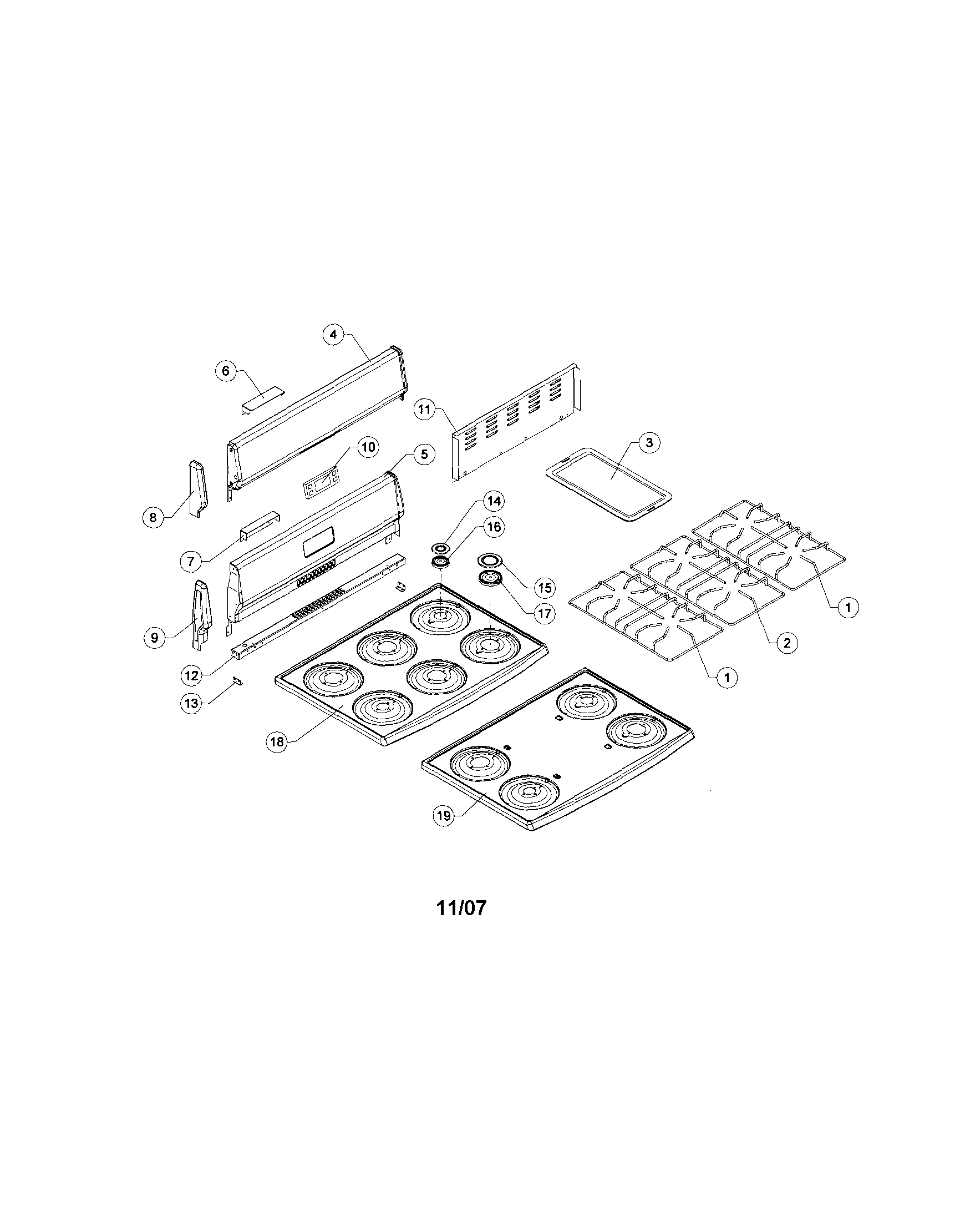 Sunbeam SNS3GMNSA cooktop and backguard diagram