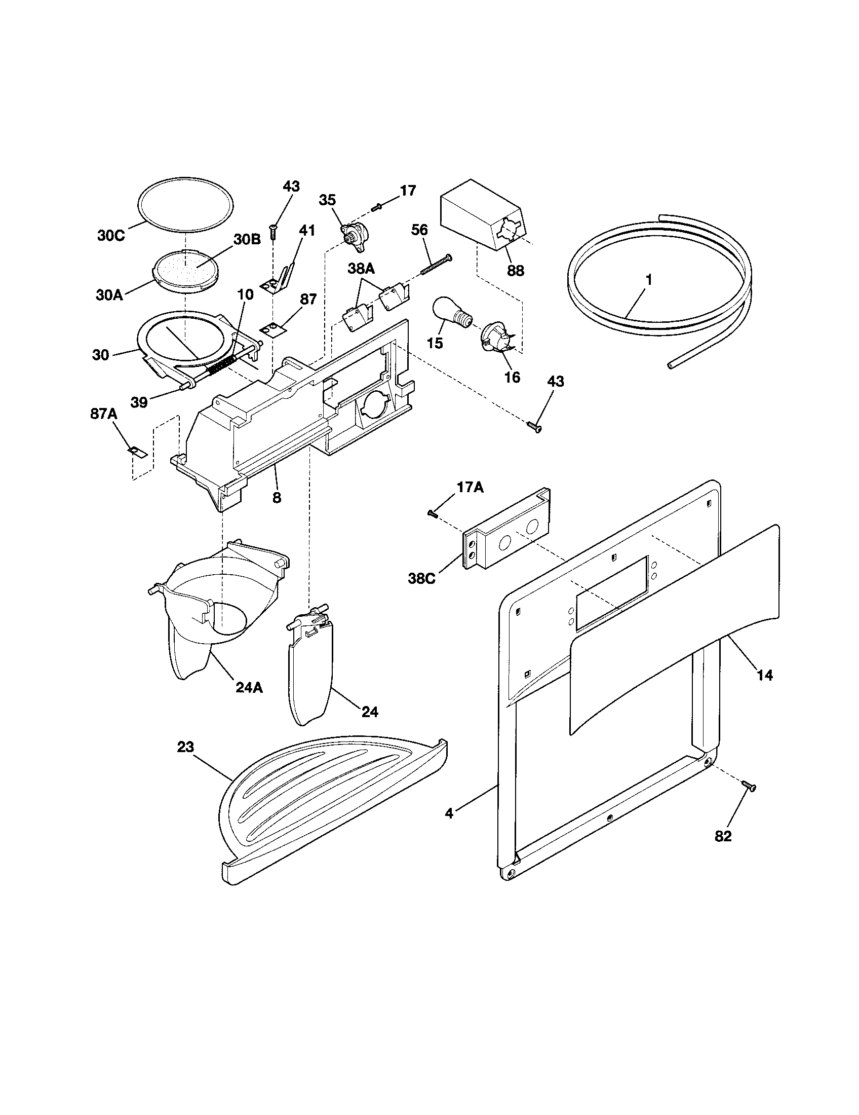 Frigidaire FRS26KF6EMA ice and water dispenser diagram