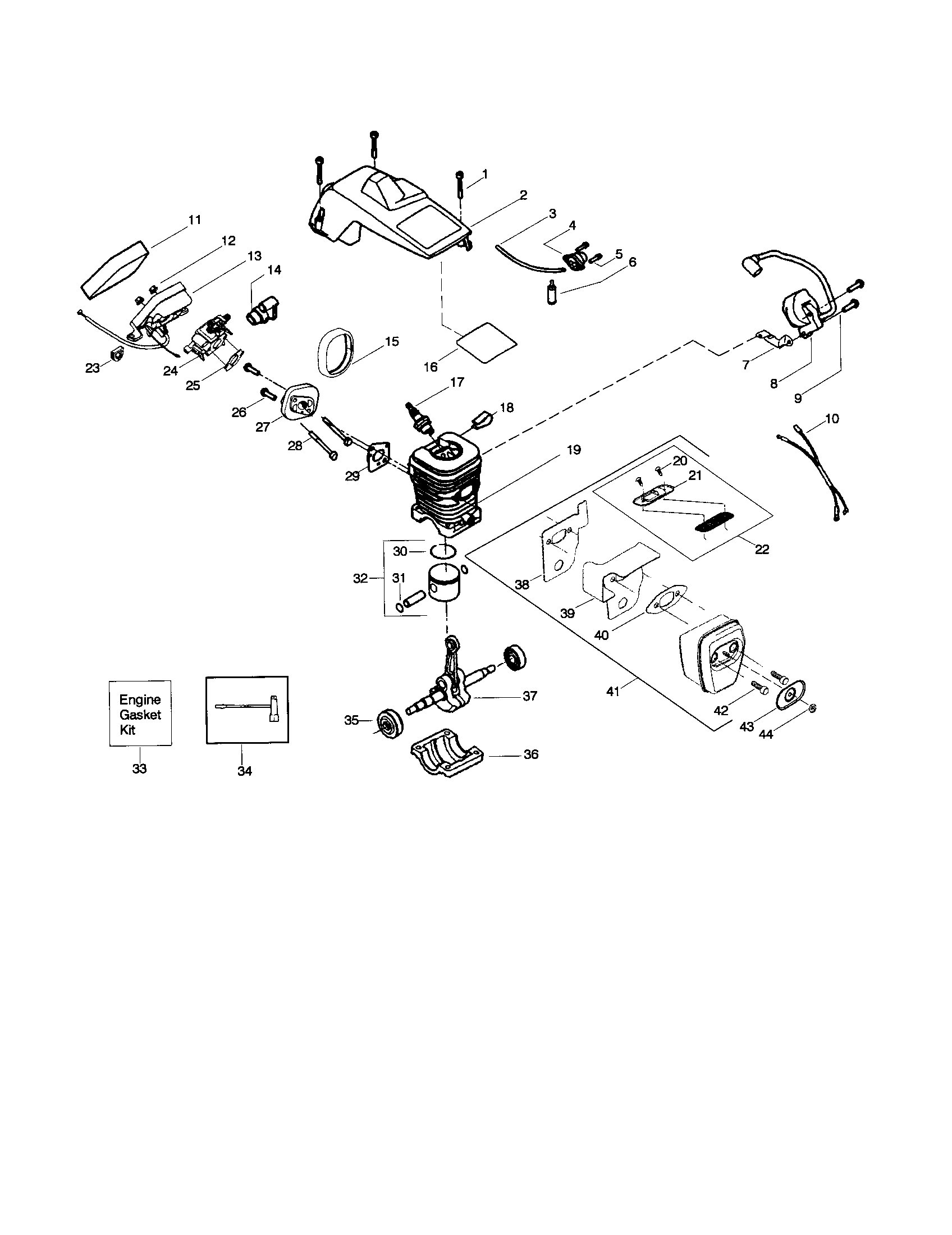 Poulan SM4018 shield/carburetor/crankshaft diagram