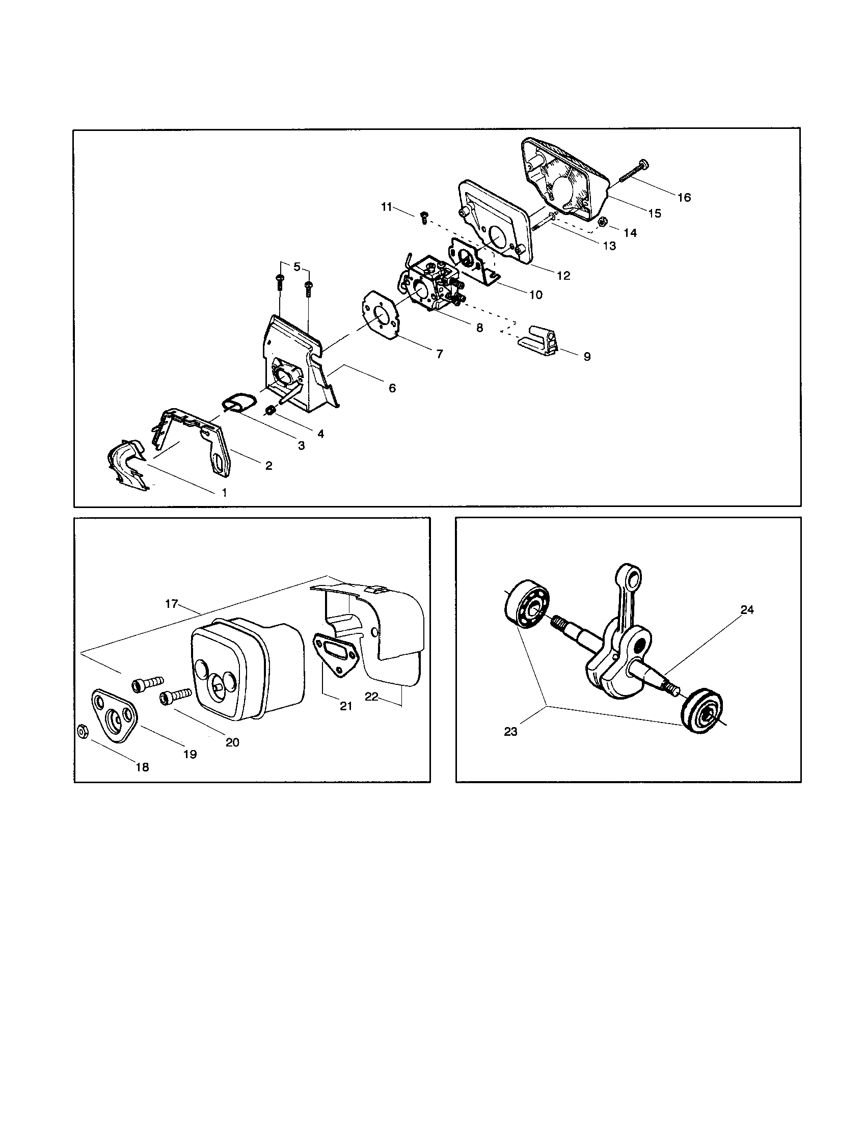 Husqvarna 136LE muffler/crankshaft/carburetor diagram