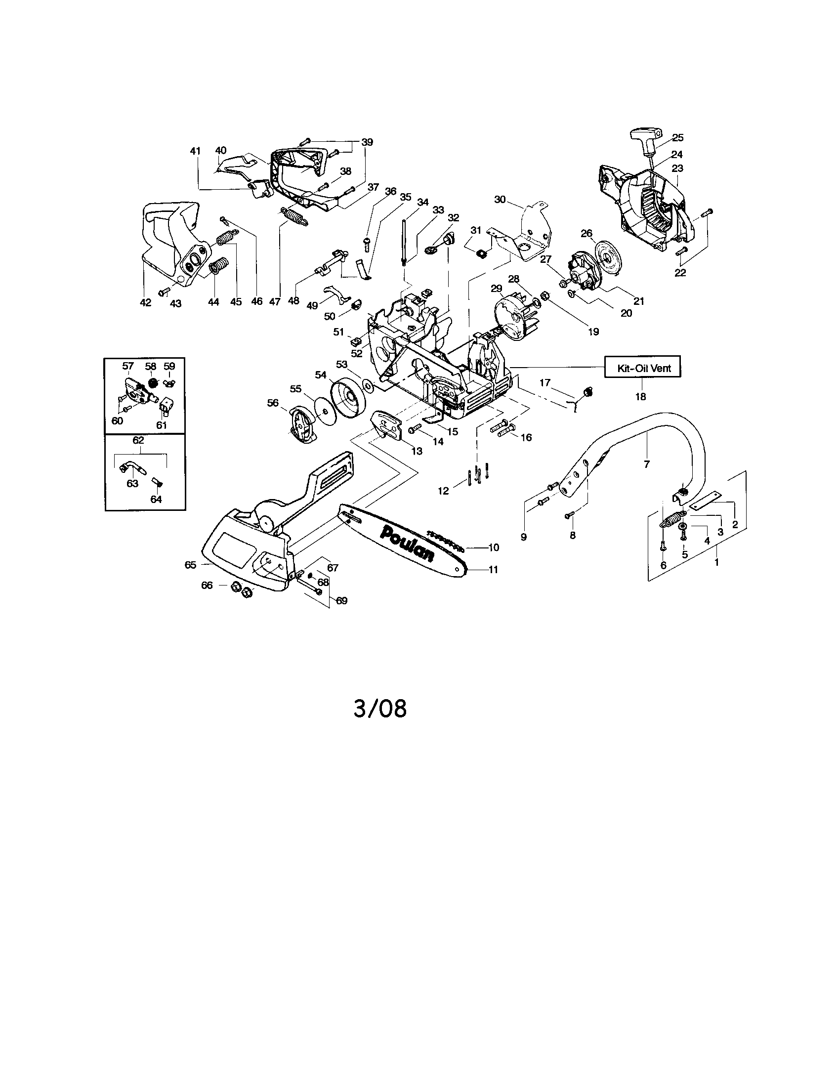 Poulan 2550LE TYPE 2 chassis/bar/handle diagram