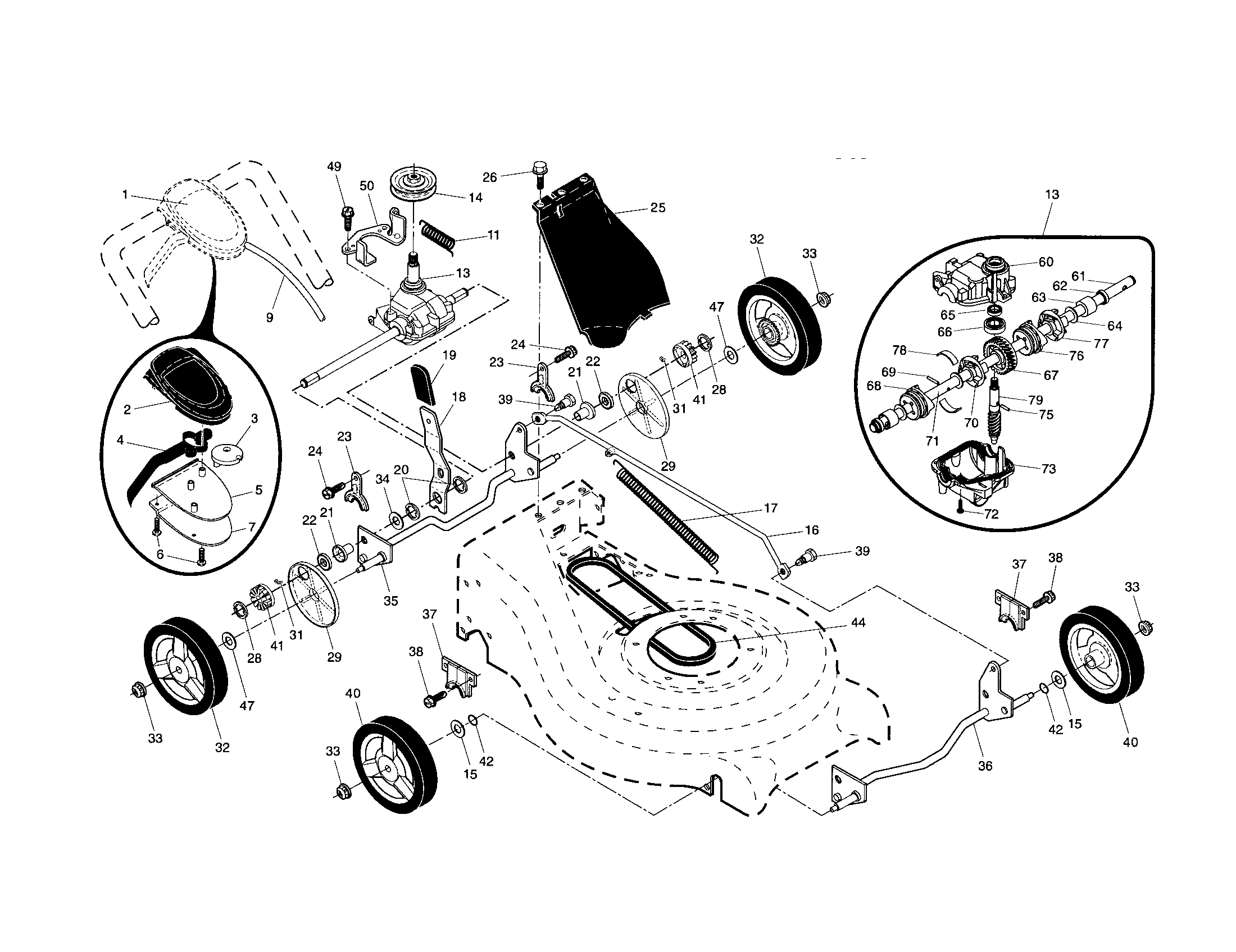 Husqvarna 917374463 drive control/gear case/wheels diagram