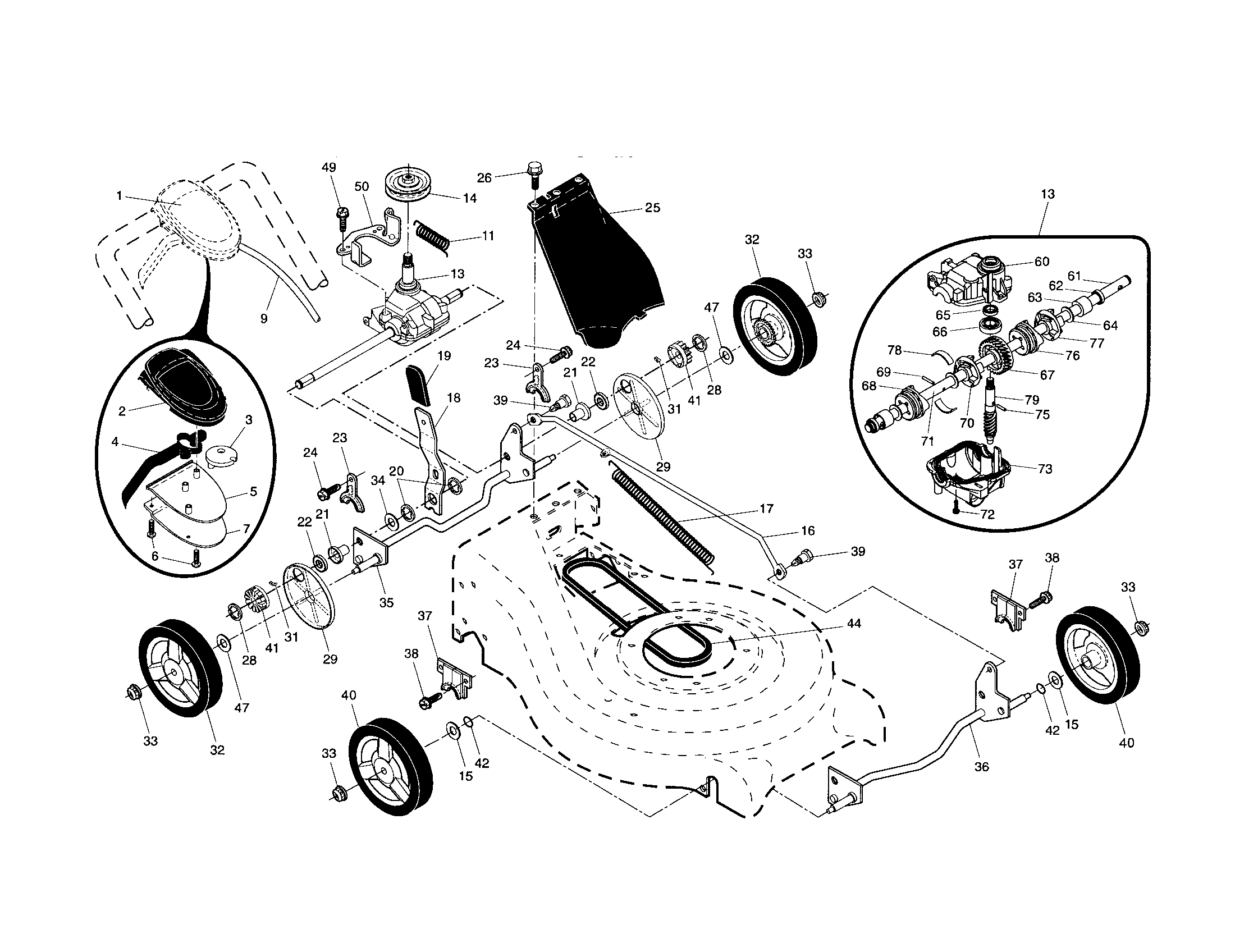 Husqvarna 917374472 drive control/gear case/wheels diagram