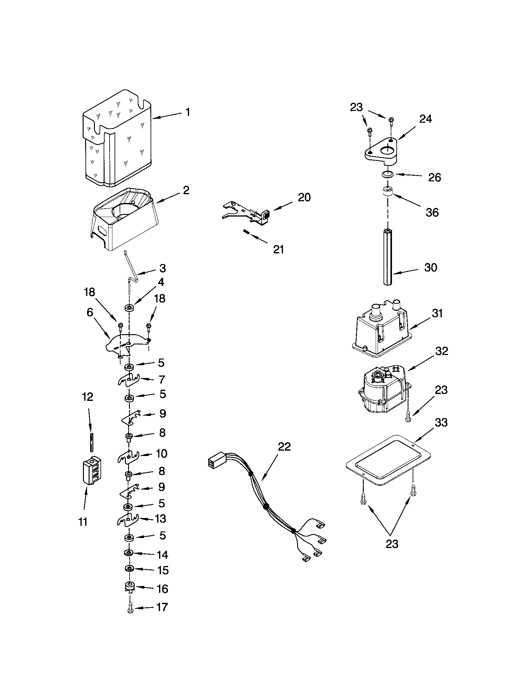 Kenmore 10656869601 motor and ice container diagram