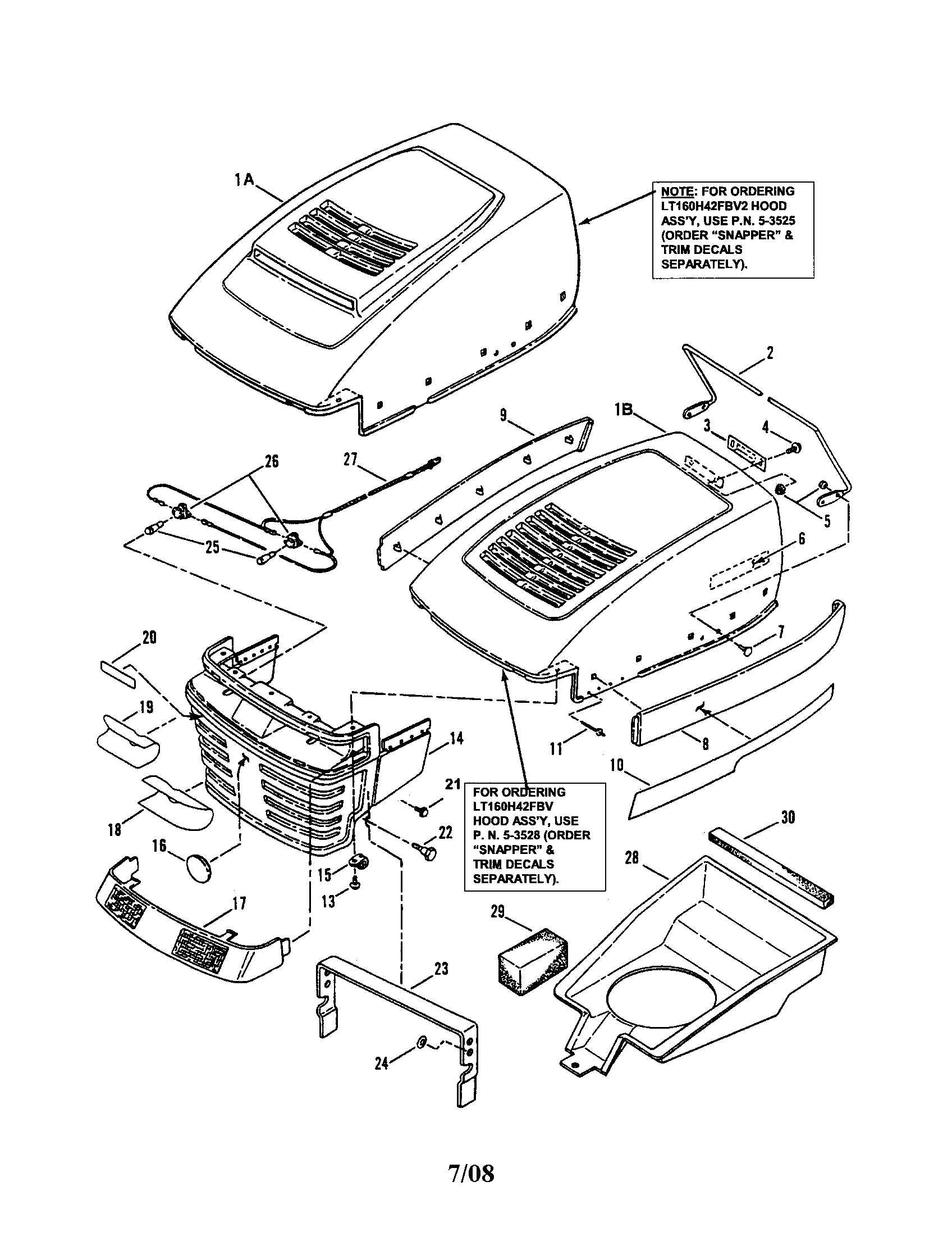 Snapper LT160H42FBV2 hood/bumper/headlight diagram