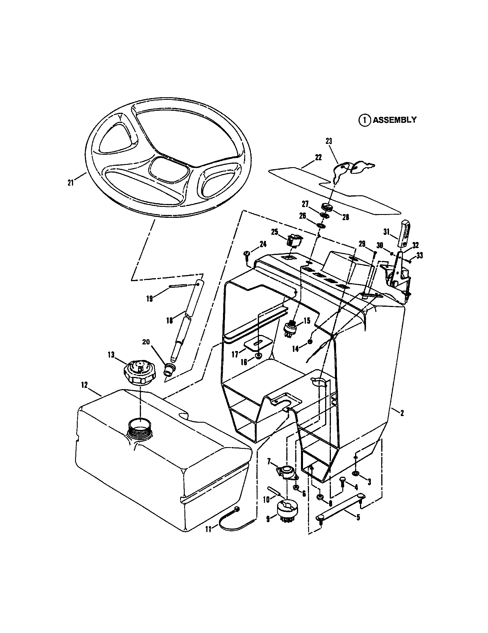 Snapper LT145H38GBV steering wheel/console/fuel tank diagram