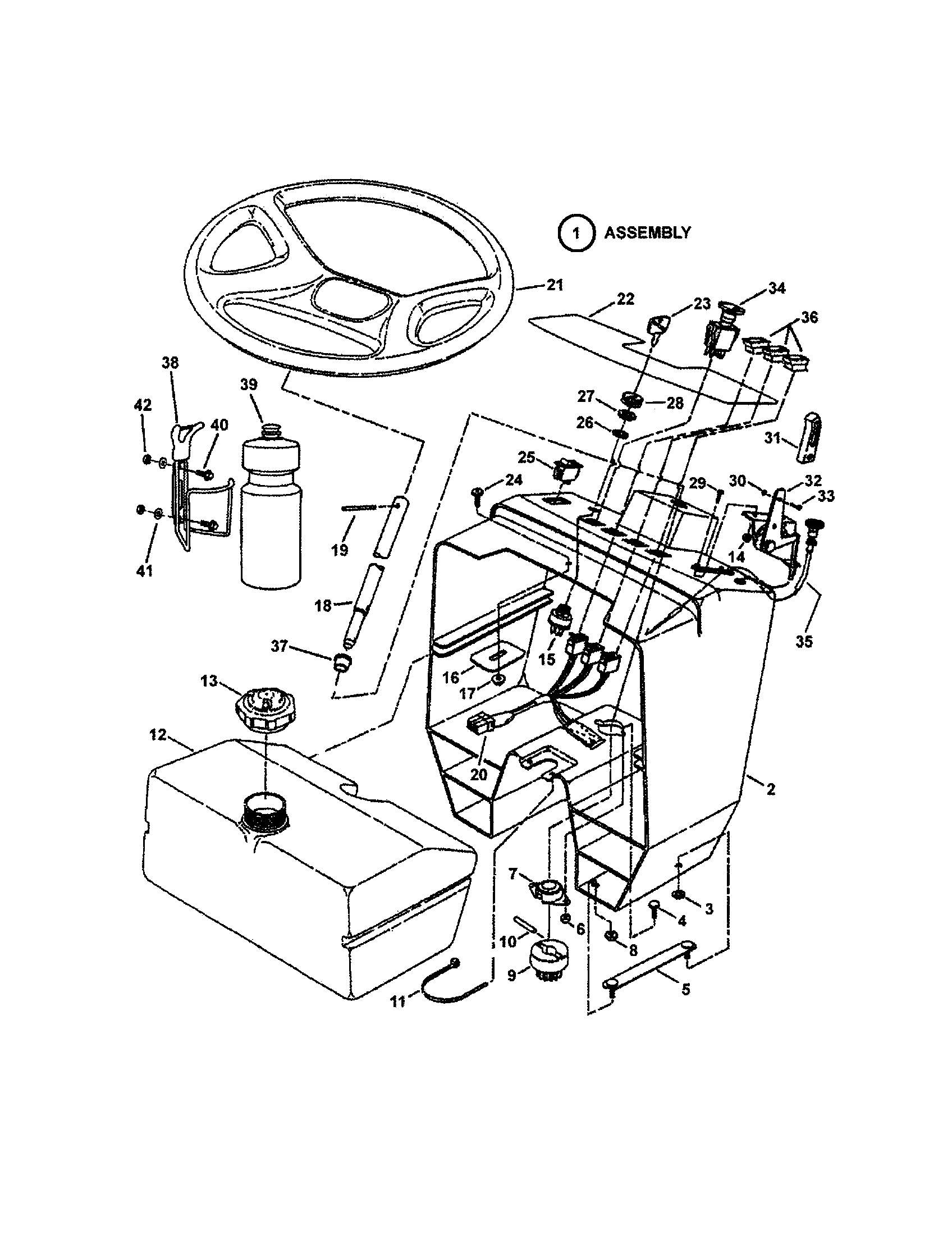 Snapper WLT200H48IBV2 steering wheel/console/fuel tank diagram