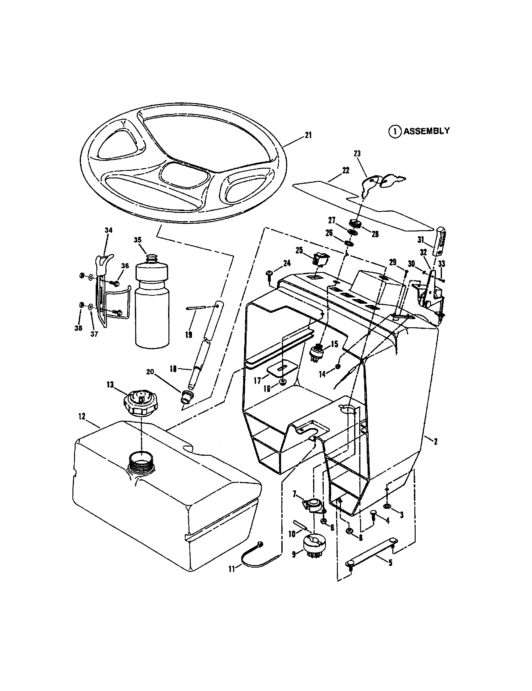 Snapper ELT150H33IBV steering wheel/console/fuel tank diagram