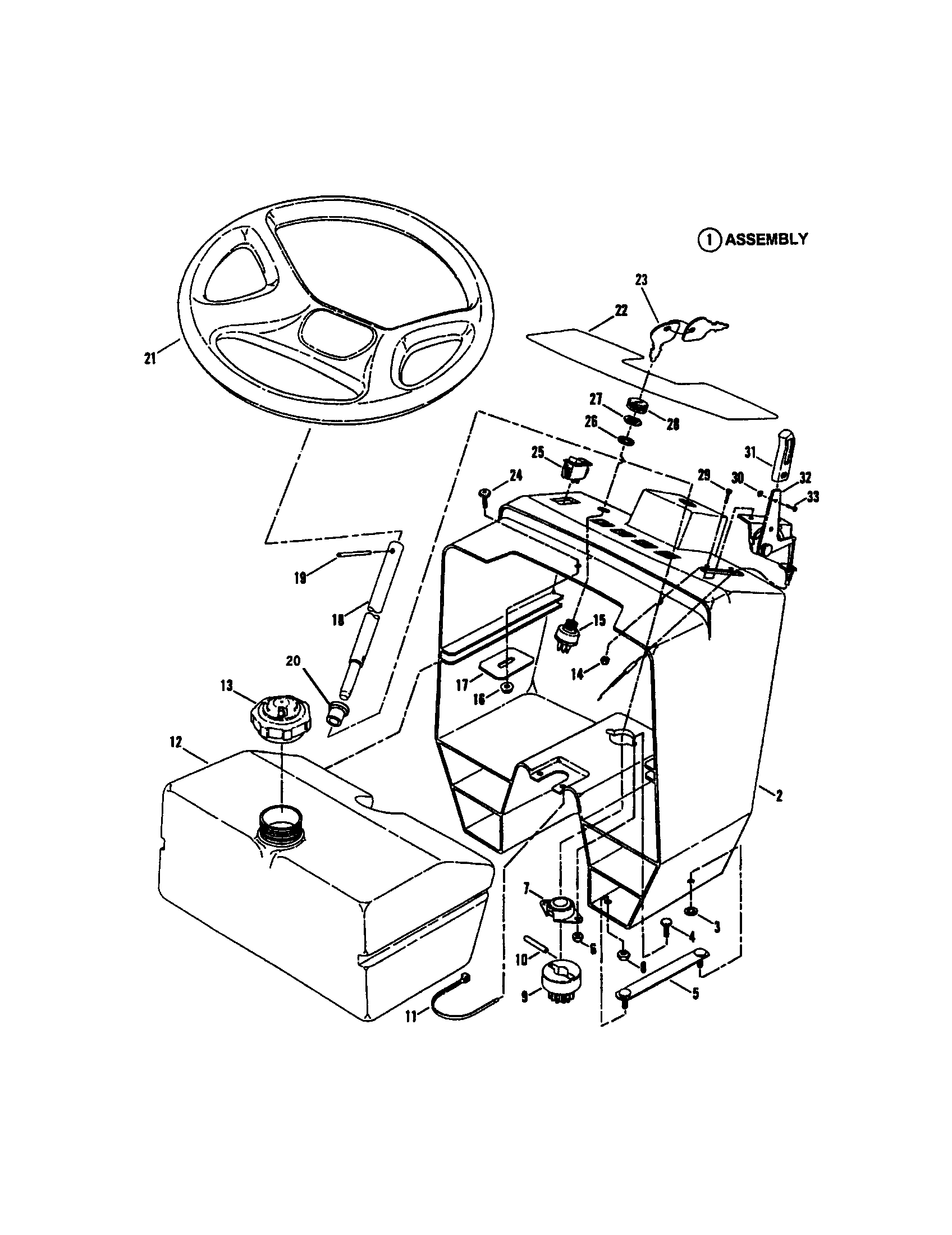 Snapper ELT145H33FBV steering wheel/console/fuel tank diagram