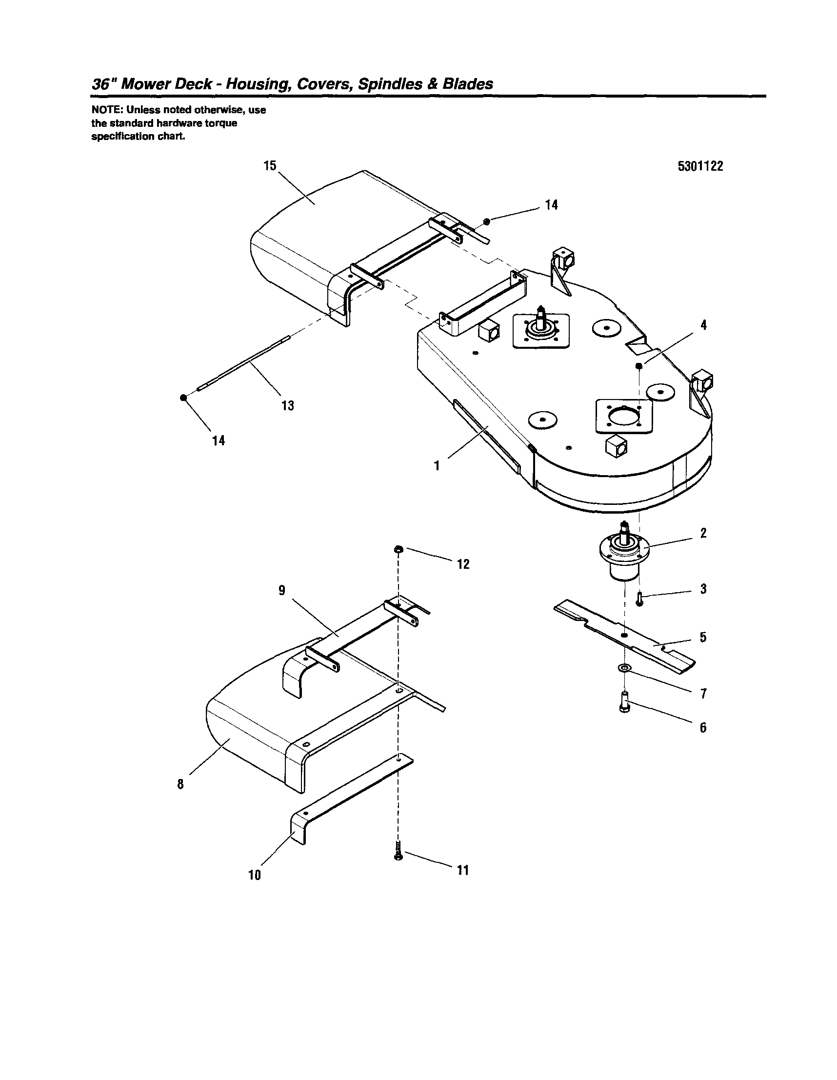 Snapper 5900700 36"-housing/covers/spindles/blades diagram