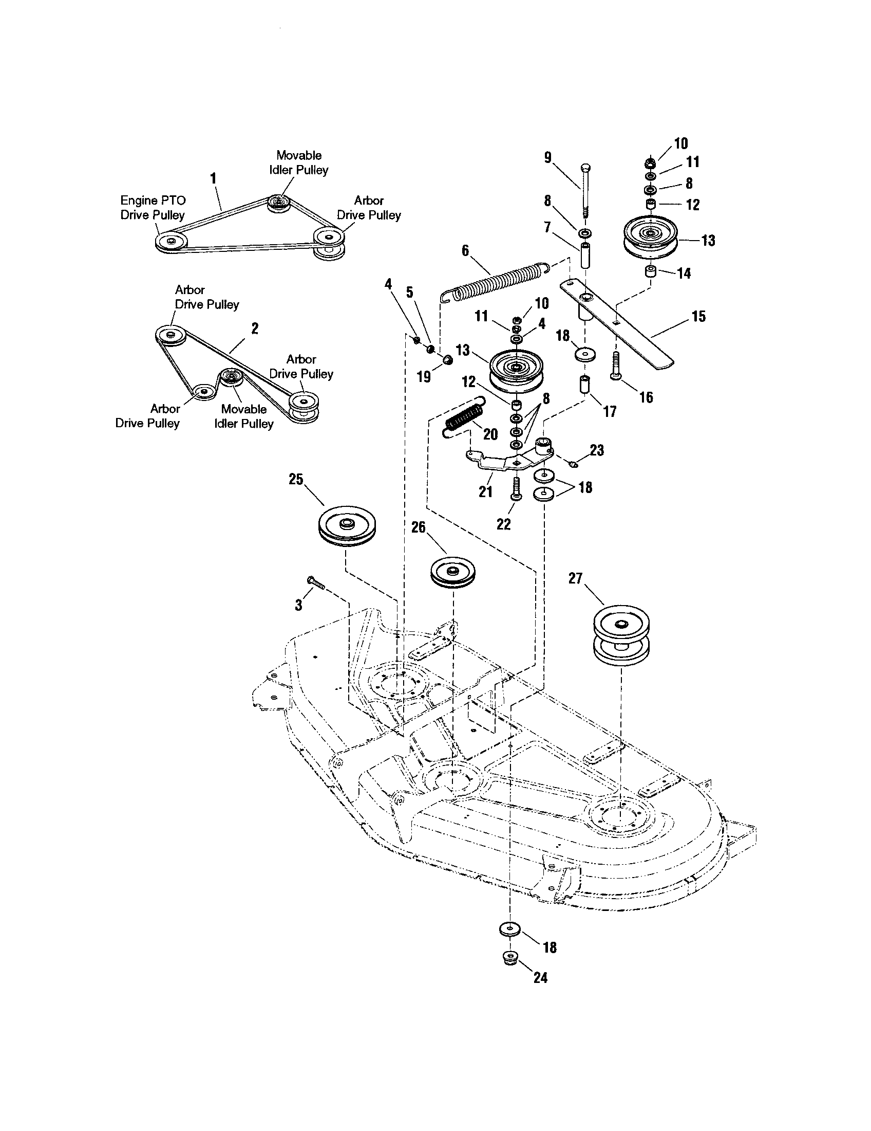 Snapper 2690118 54" mower deck-belt/idler arm/hitch diagram