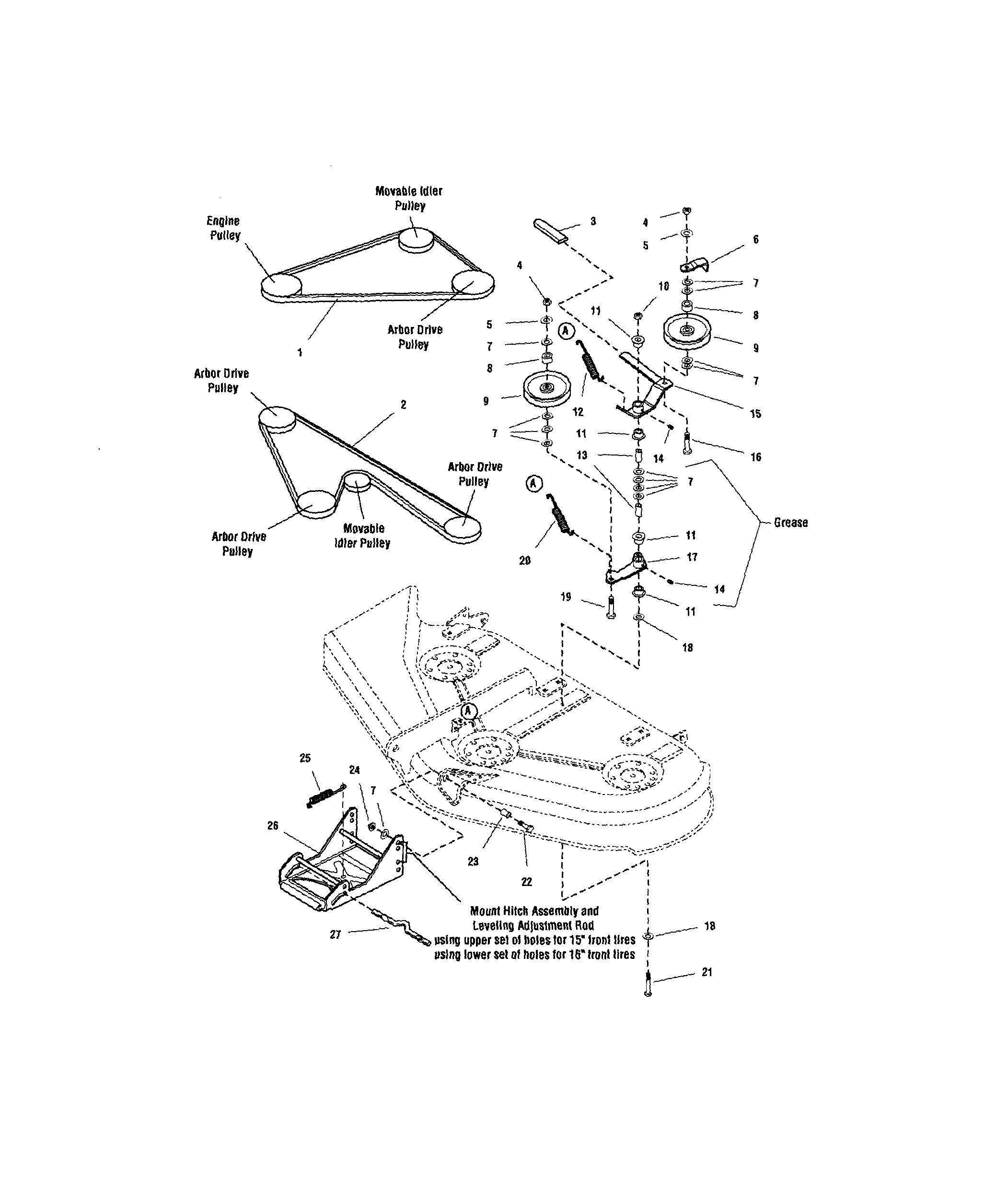 Snapper YT2300 (2690503) 44" mower deck-belt/idler arm/hitch diagram