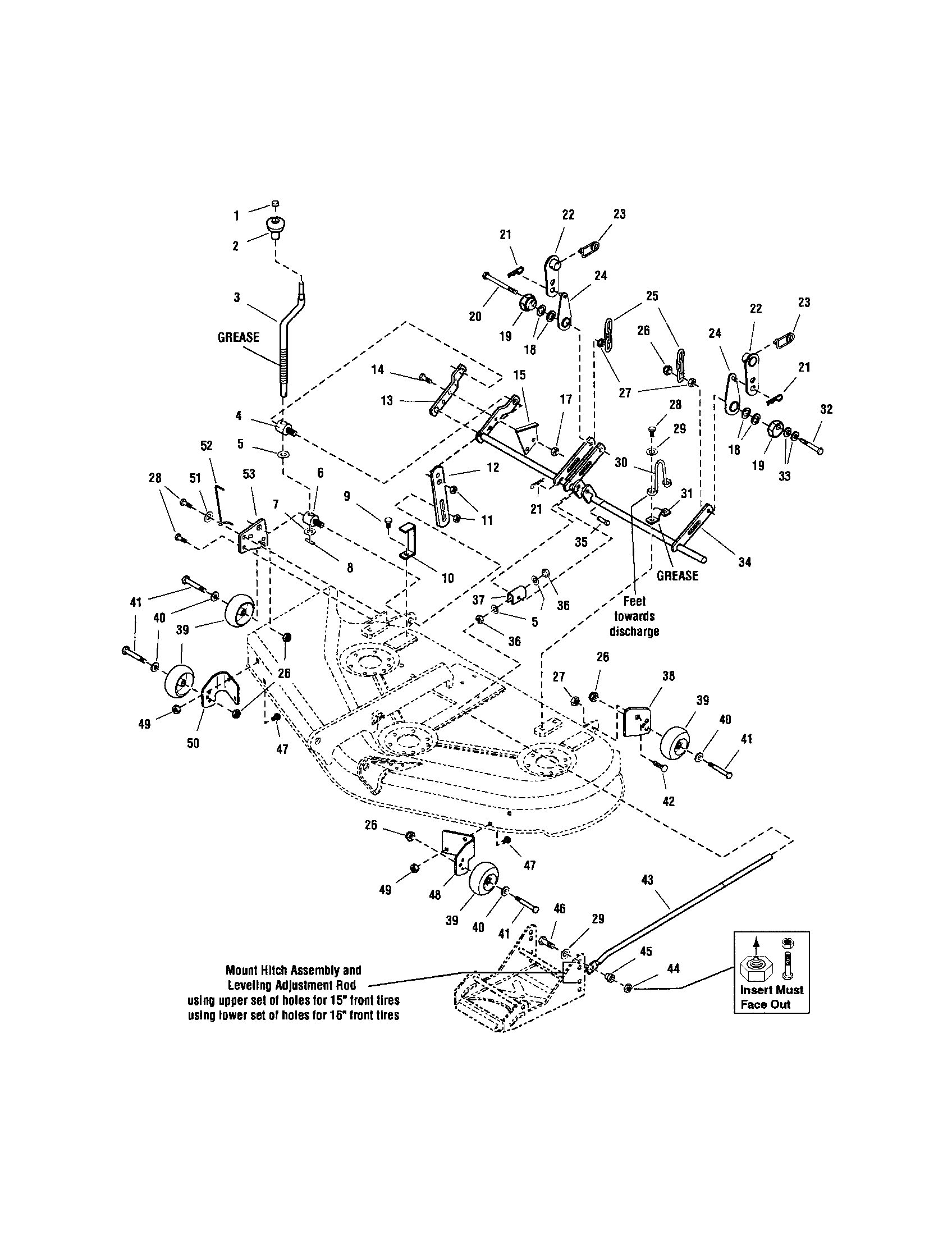 Snapper YT2300 (2690503) 44" mower deck-height adjustment diagram