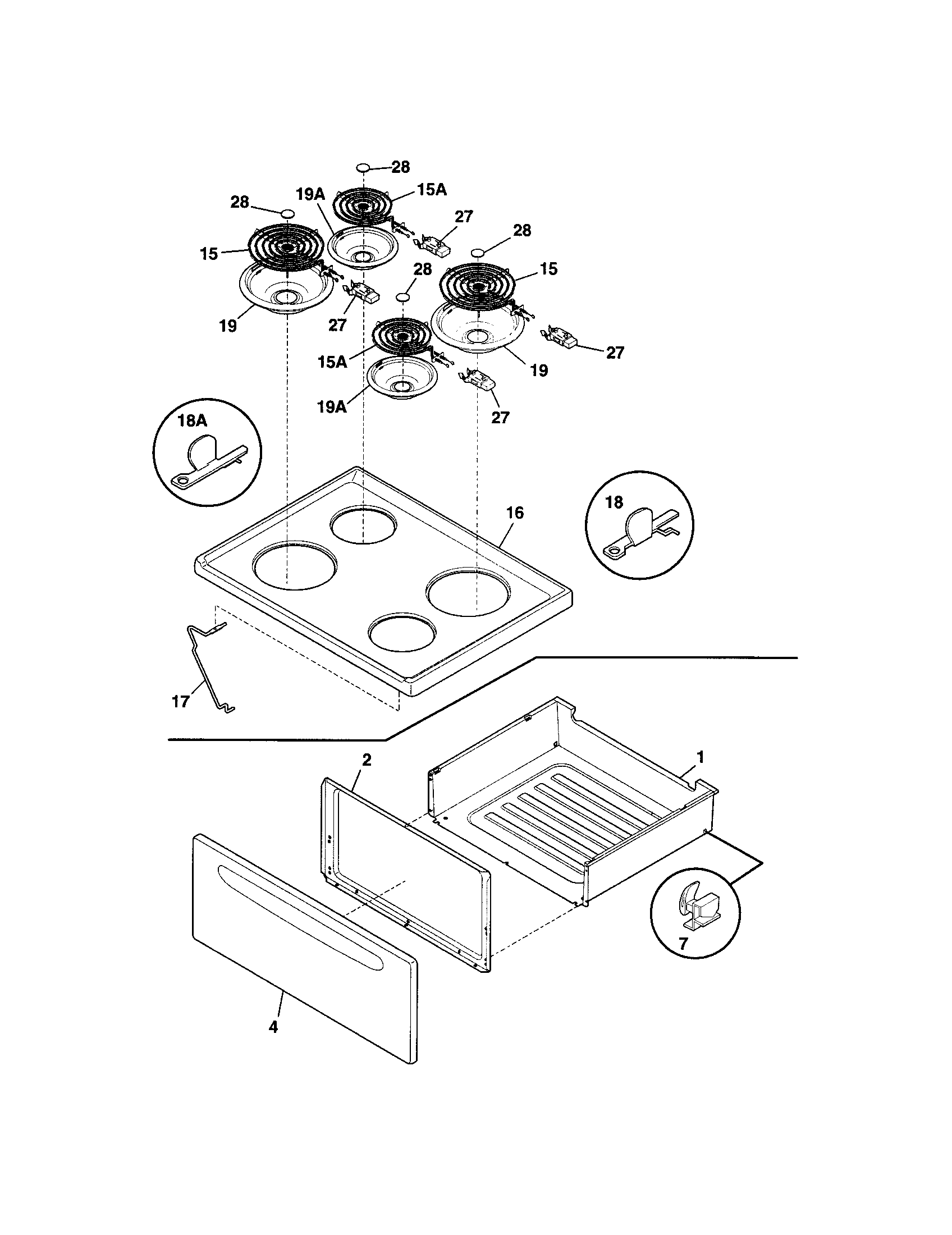 Frigidaire FEF316BQG top/drawer diagram