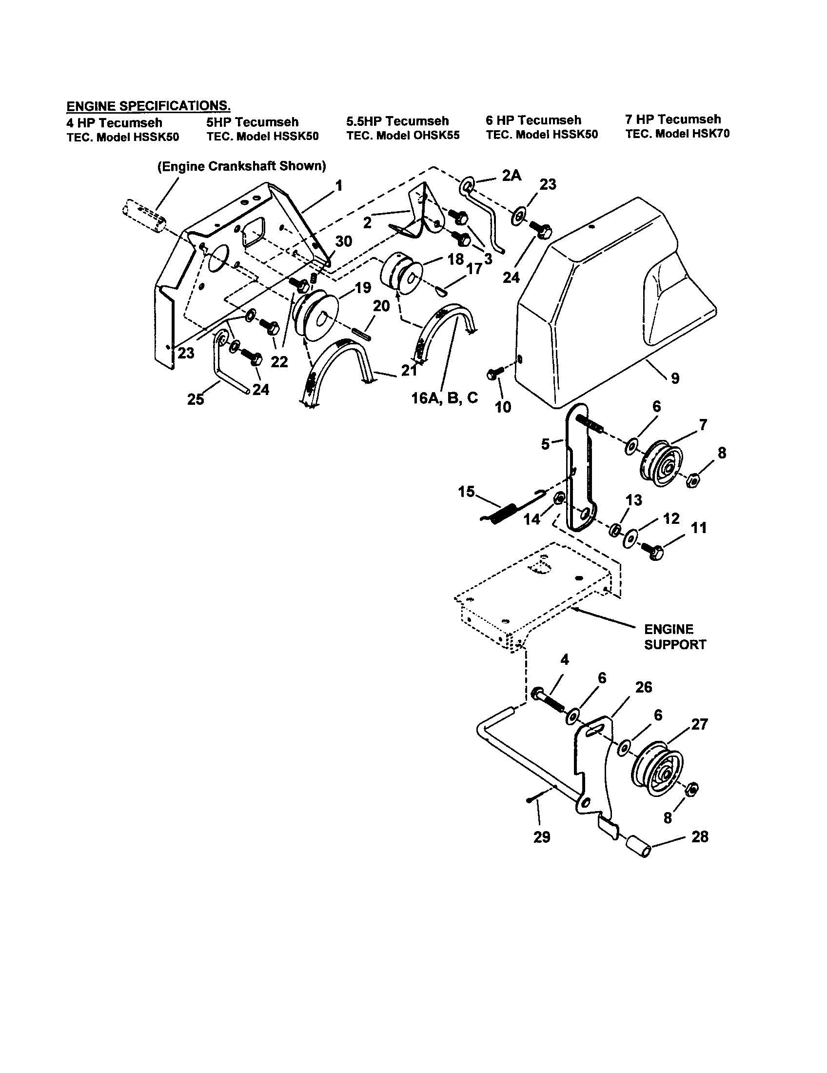 Snapper I6223 engine/pulley/idler/clutch system diagram