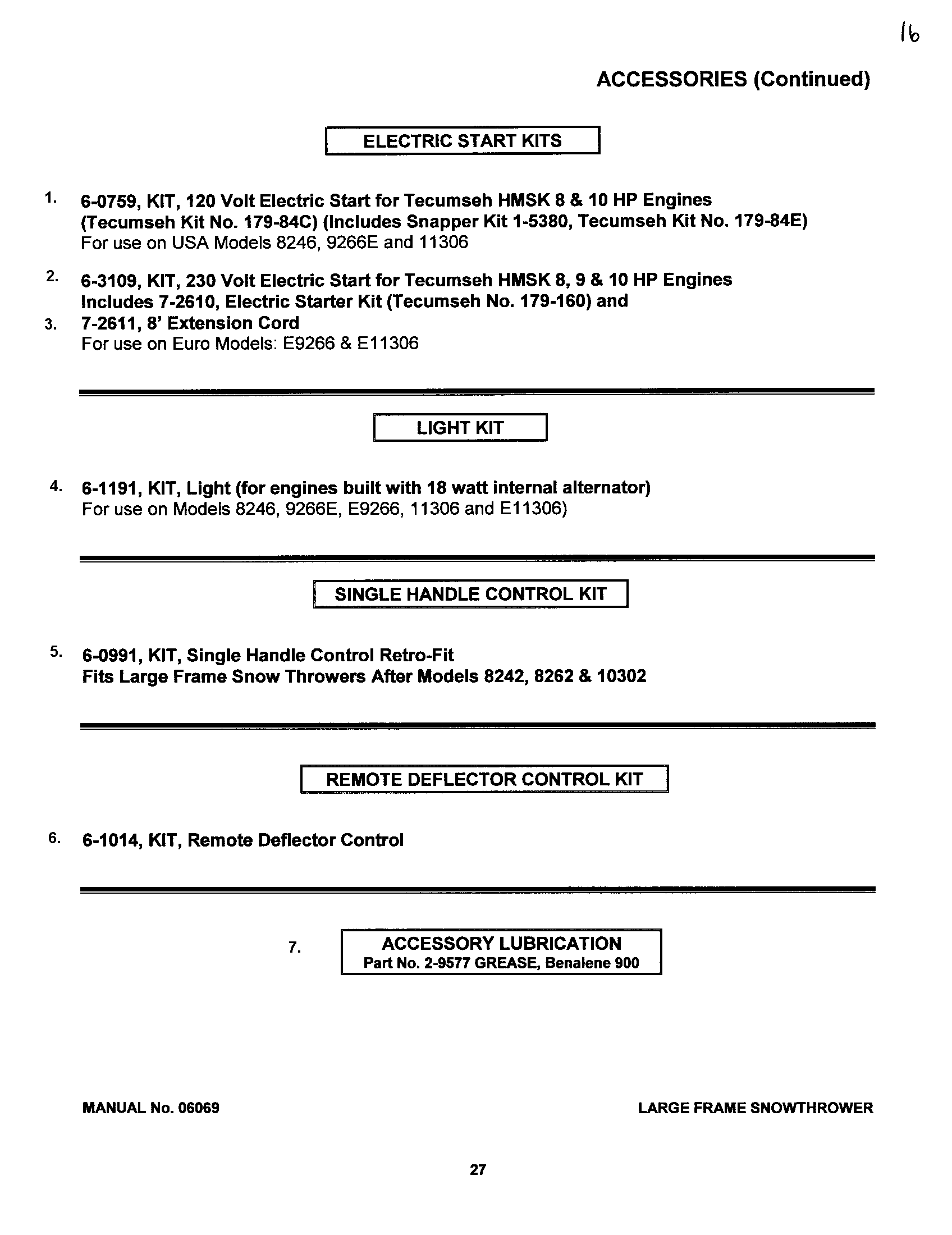 Snapper 9266E accessories diagram