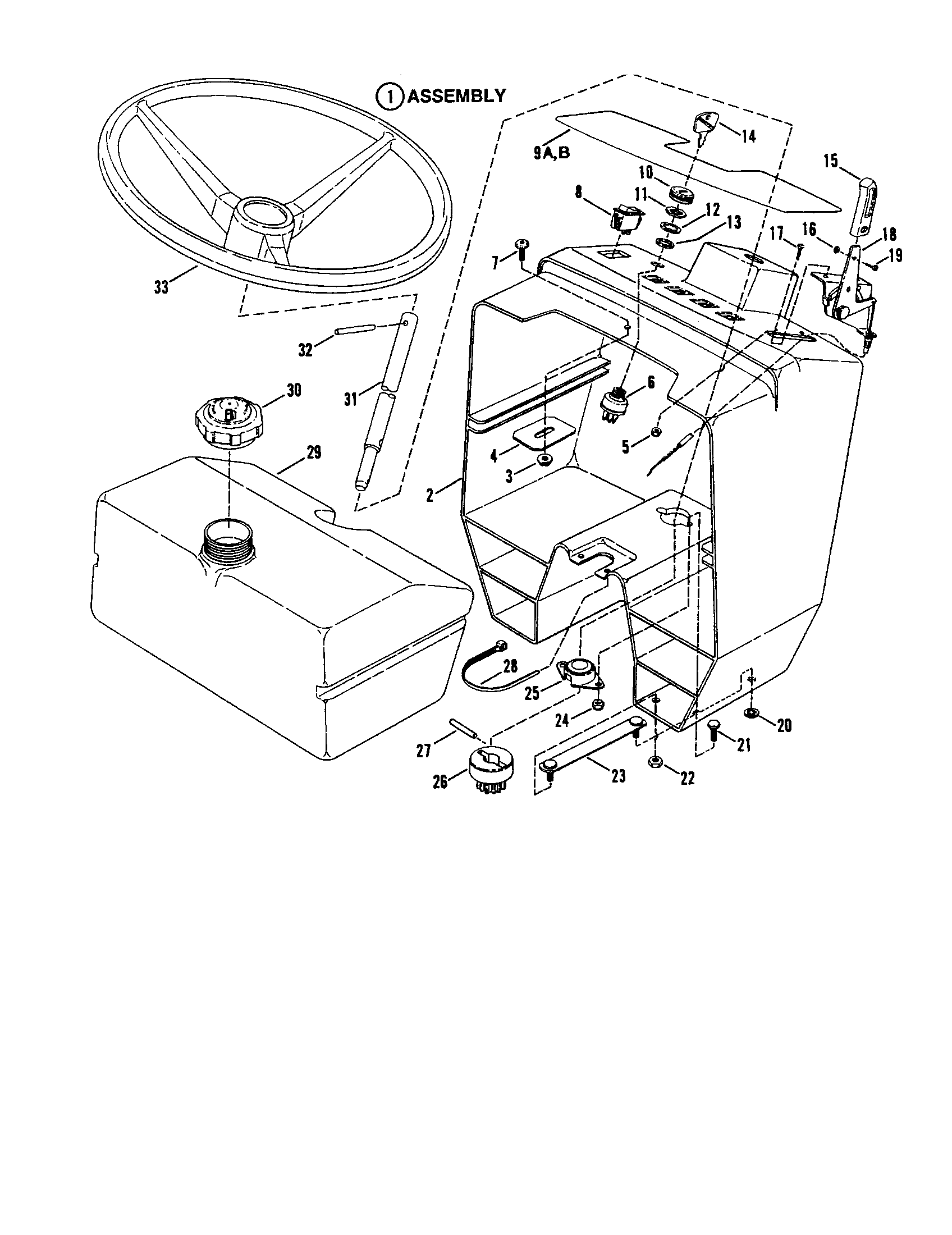 Snapper LT125G38AB steering wheel/console/fuel tank diagram
