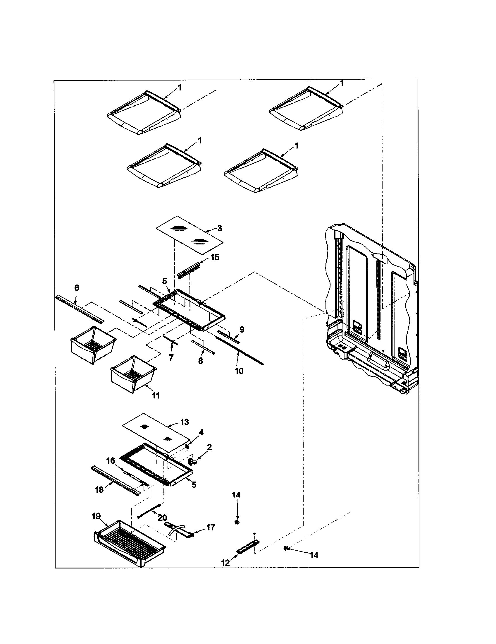 Amana ABD2533DES0 refrigerator shelving diagram