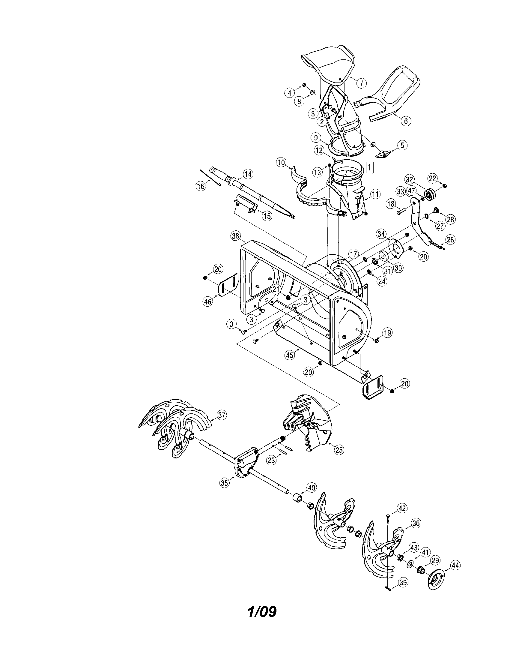 MTD 3BA auger and housing/chute diagram