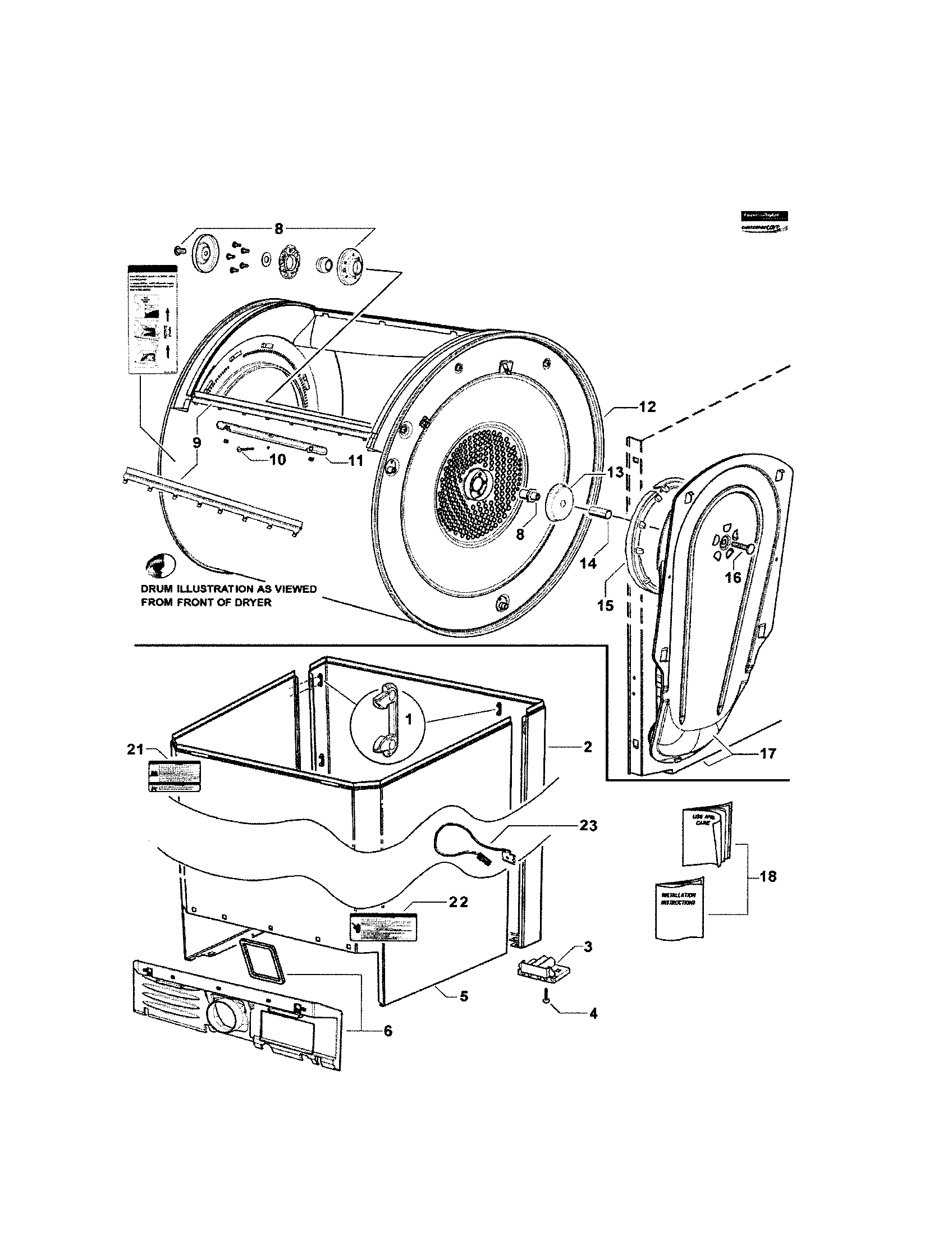 Fisher & Paykel DG62TGW1-96142A cabinet/drum/inlet duct diagram
