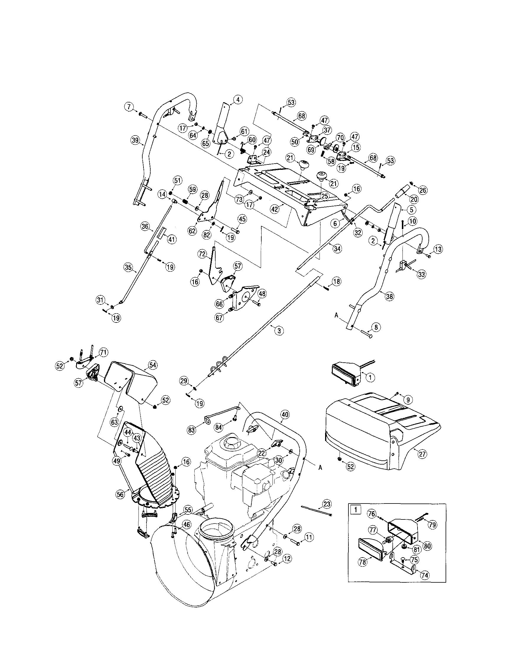 MTD 31AH9J6J799 handle/light/chute diagram