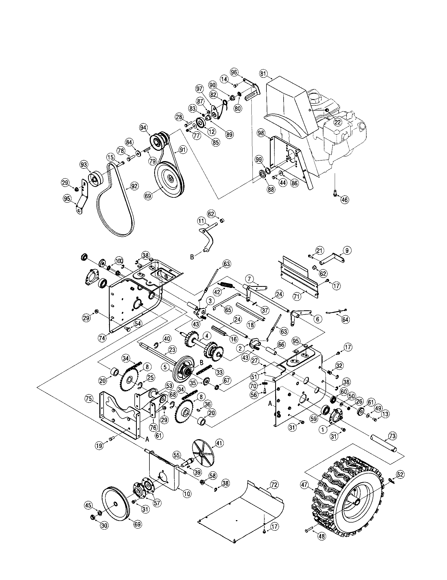MTD 31AH9J6J799 wheels/transmission frame diagram