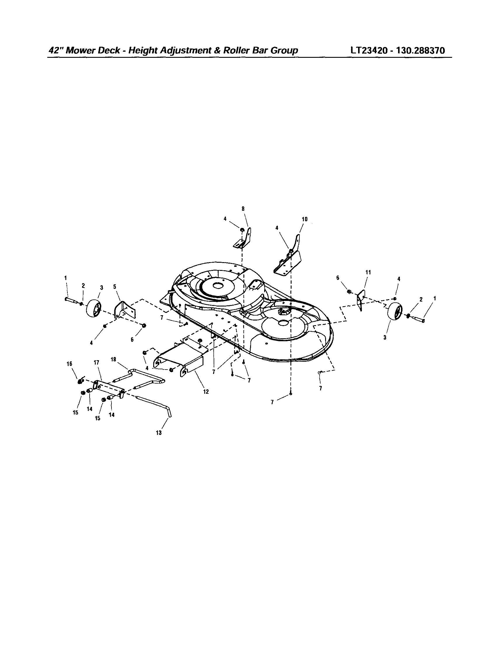 Snapper LT23420 42" deck-height adj./roller bar diagram