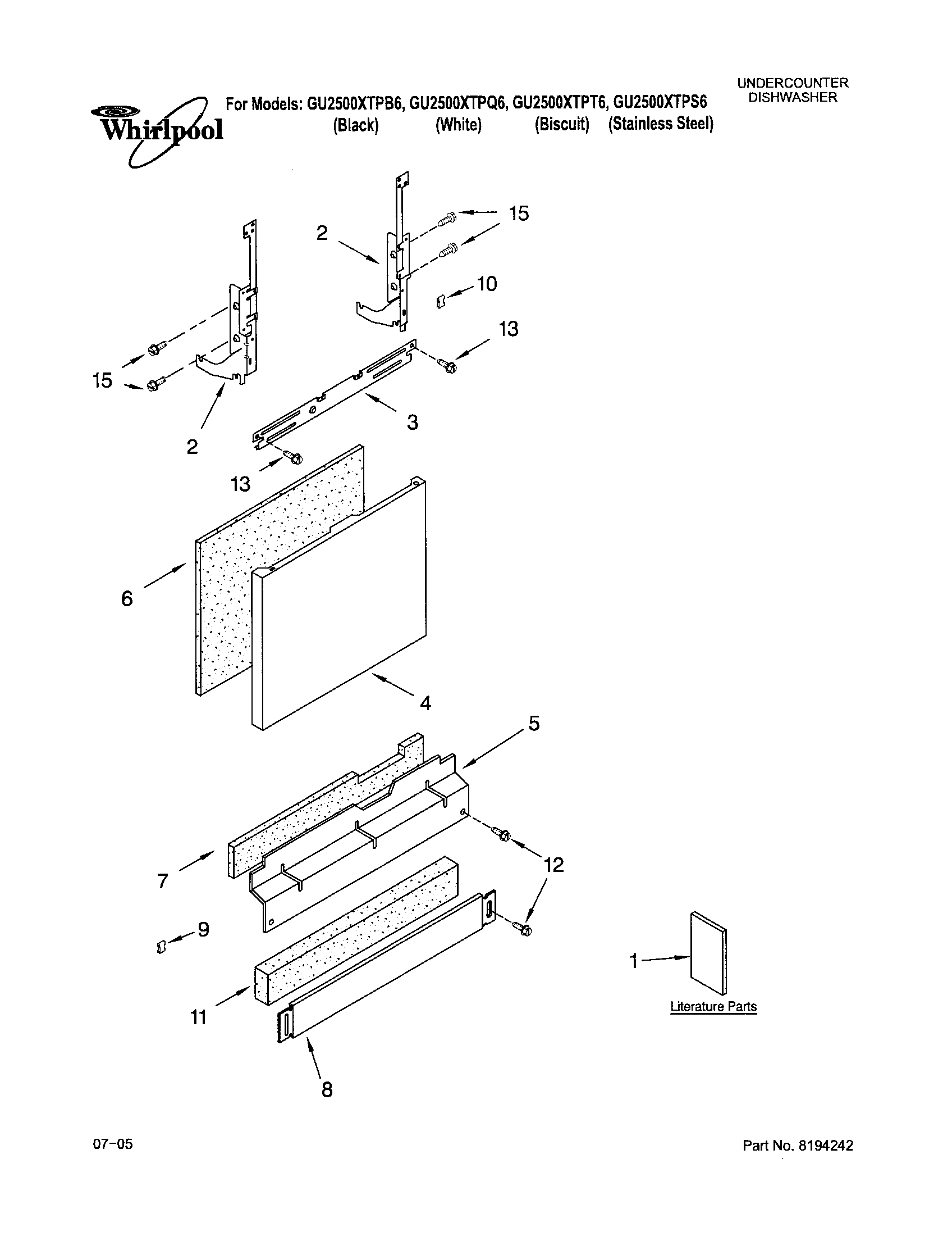 Whirlpool GU2500XTPS6 door and panel diagram