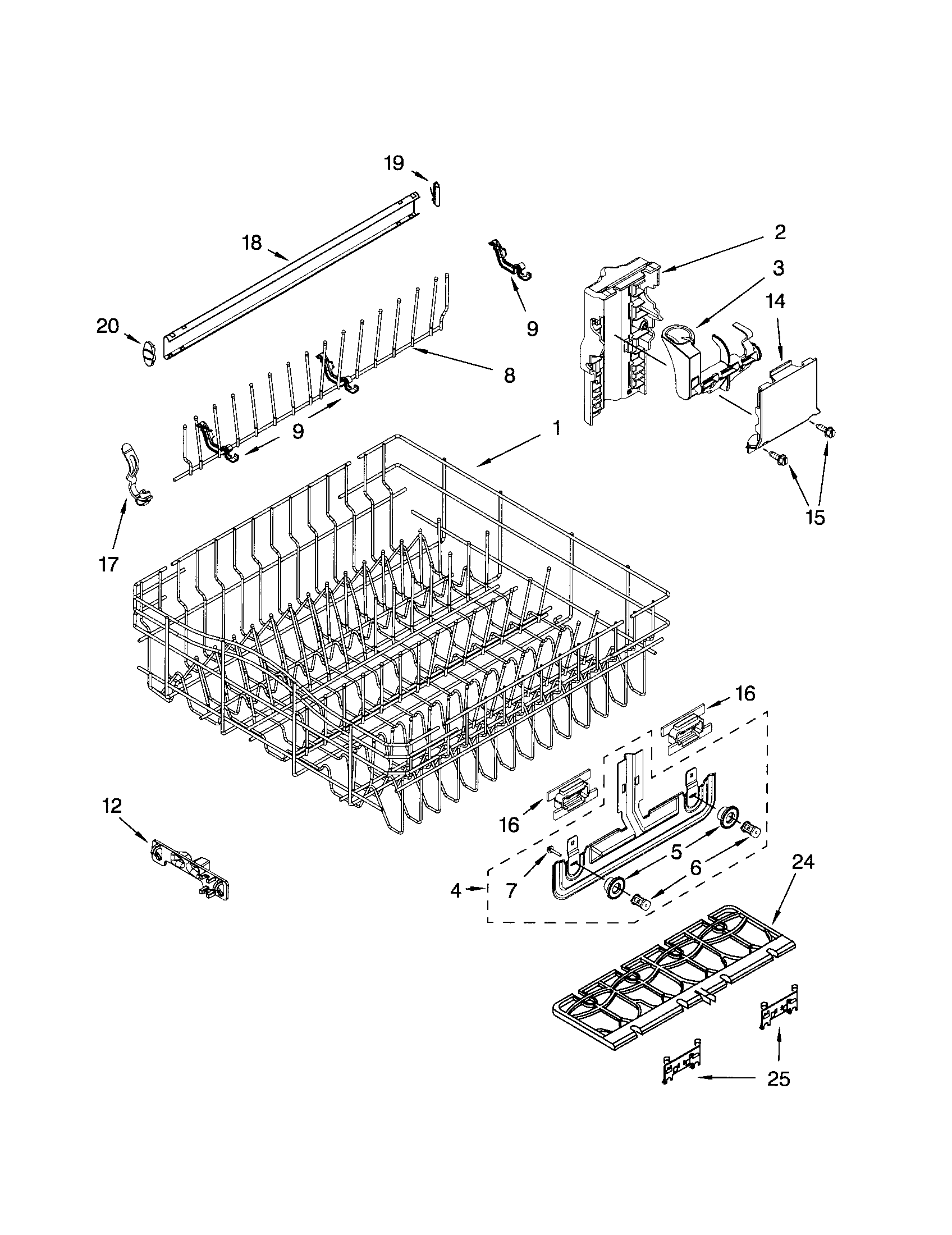 Whirlpool GU2500XTPS6 upper rack/track diagram