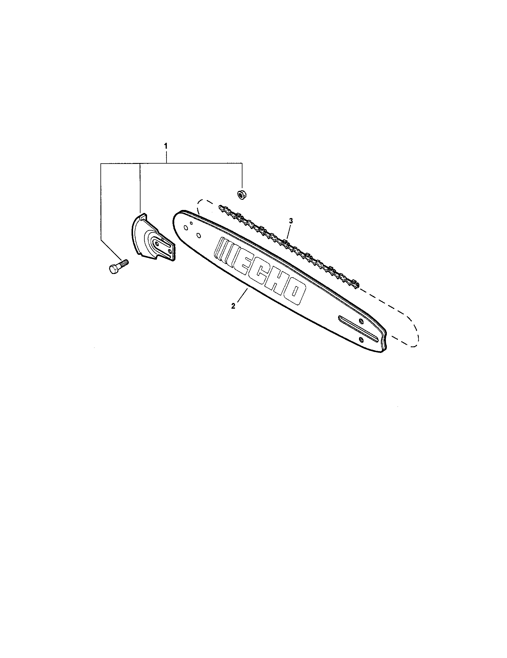 Echo CS-400 guide bar/sawing chain/kick guard diagram