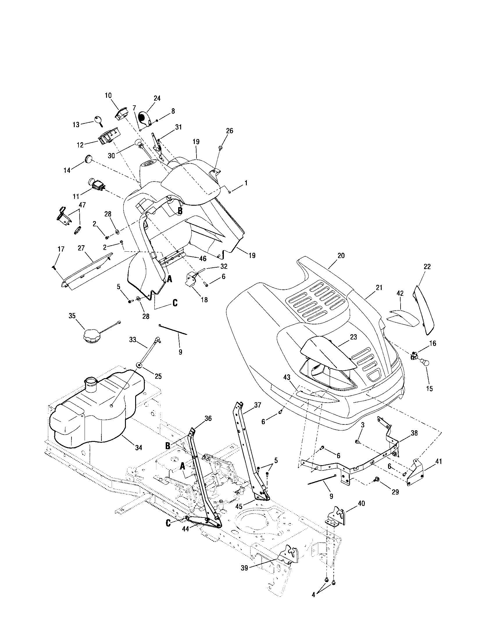 MTD 17AK9TKR099 fuel tank/hood diagram