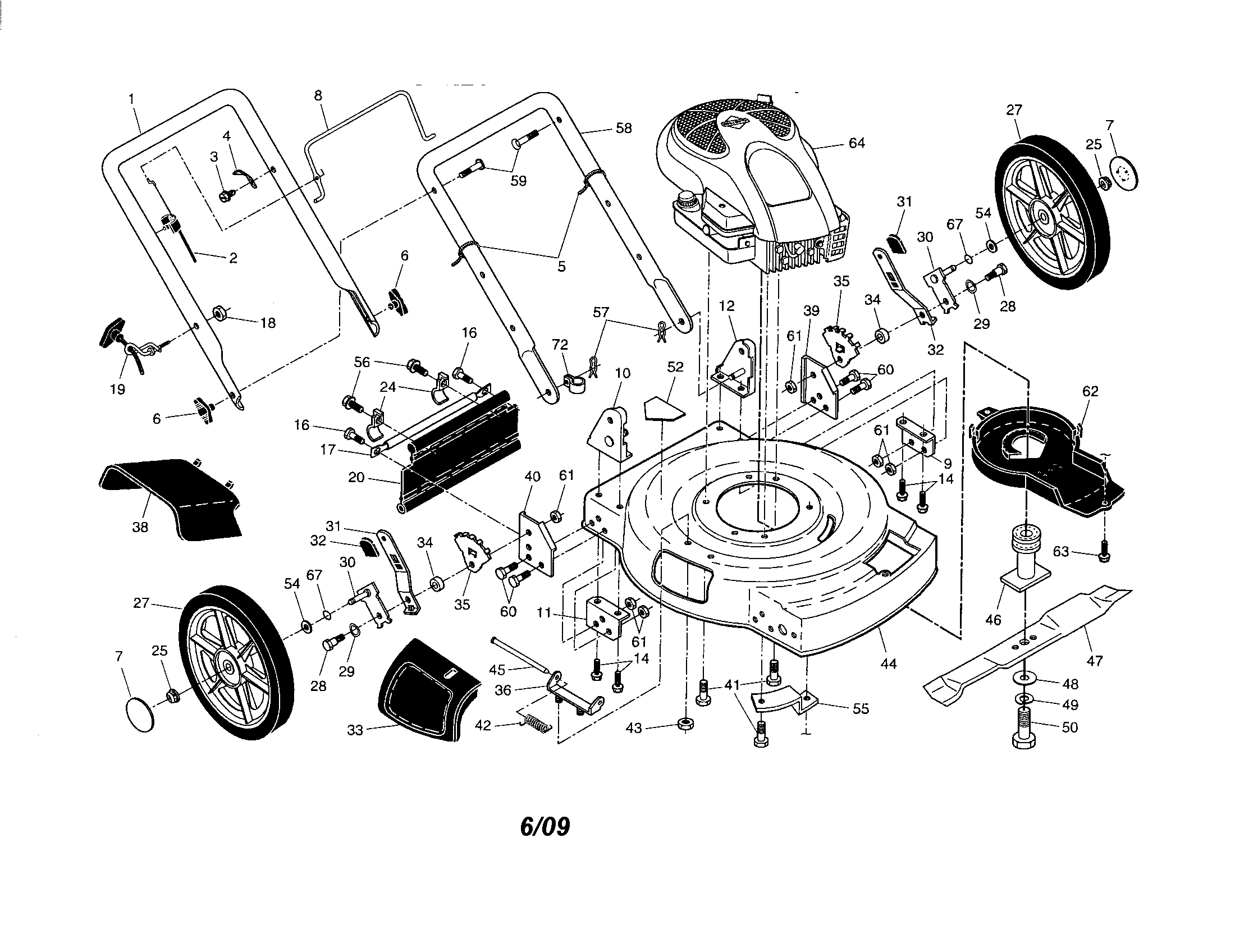 Poulan PR600Y22SHP engine/housing/handle diagram