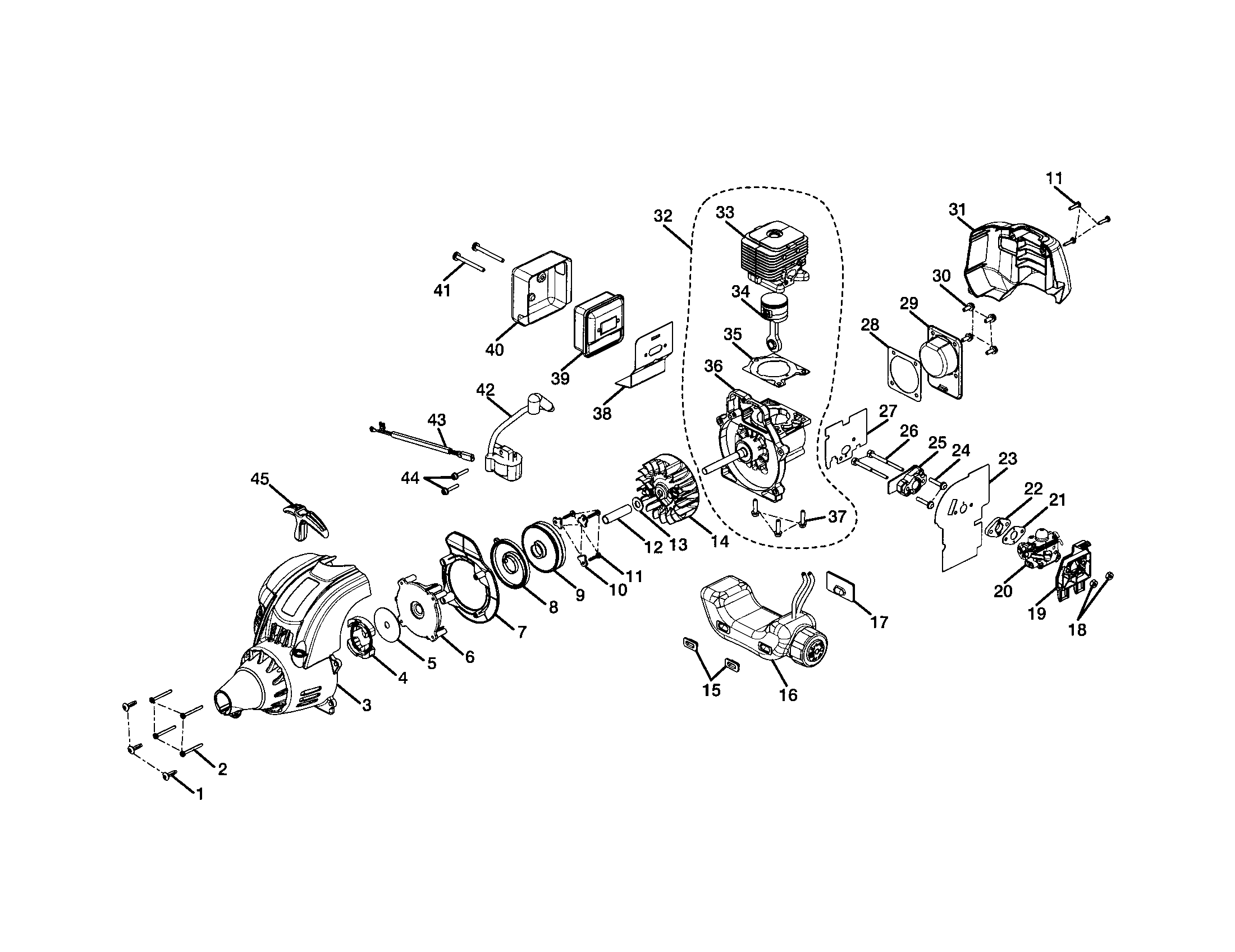 Ryobi RY30931 short block/rotor/fuel tank diagram