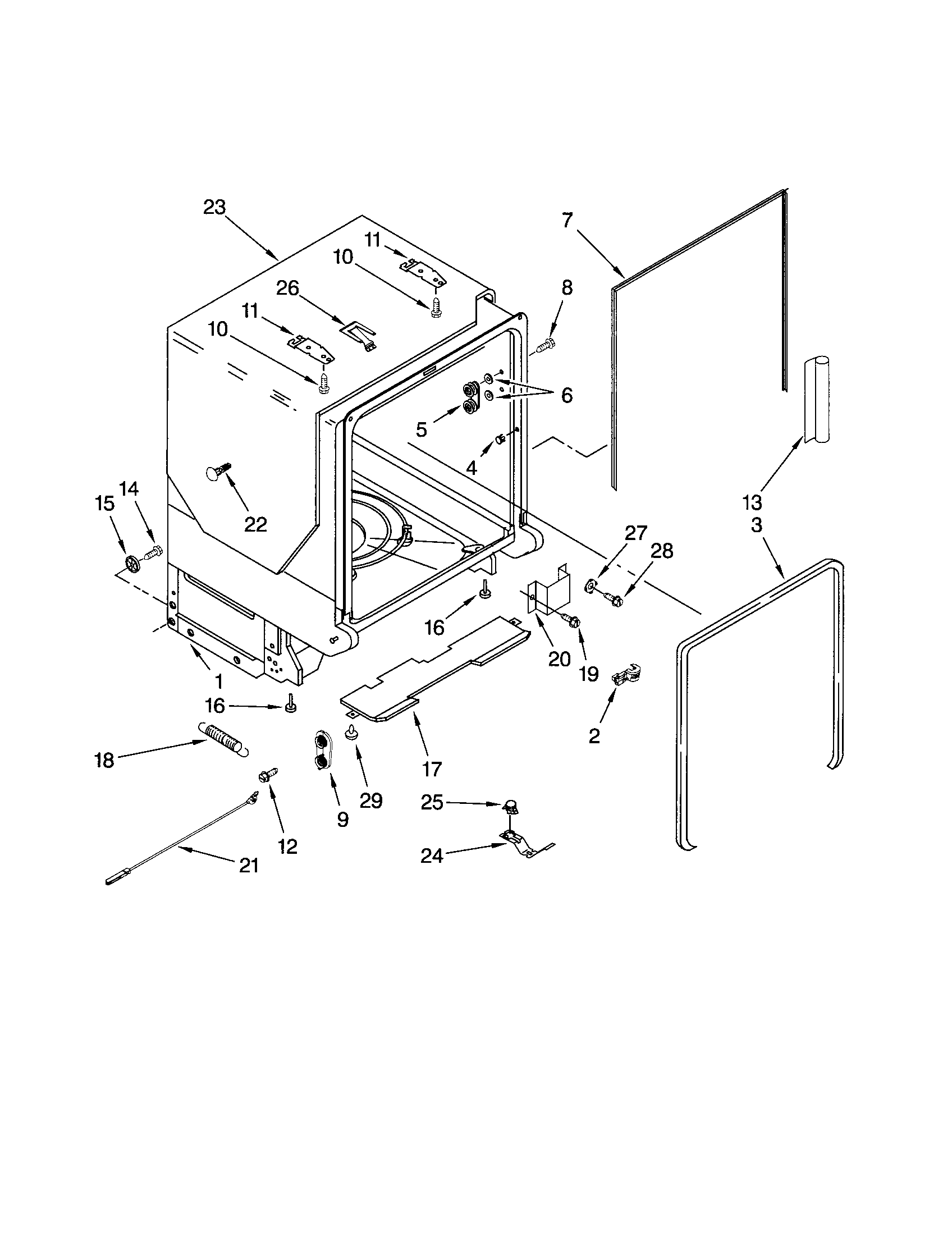 KitchenAid KUDC20FVBL0 tub and frame diagram