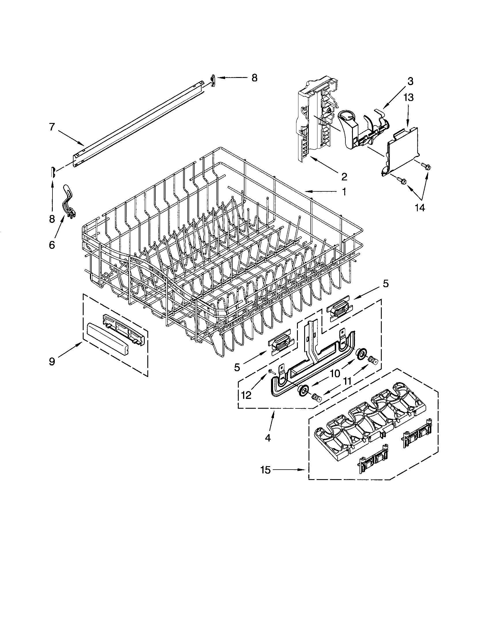 KitchenAid KUDC20FVBL0 upper rack/track diagram