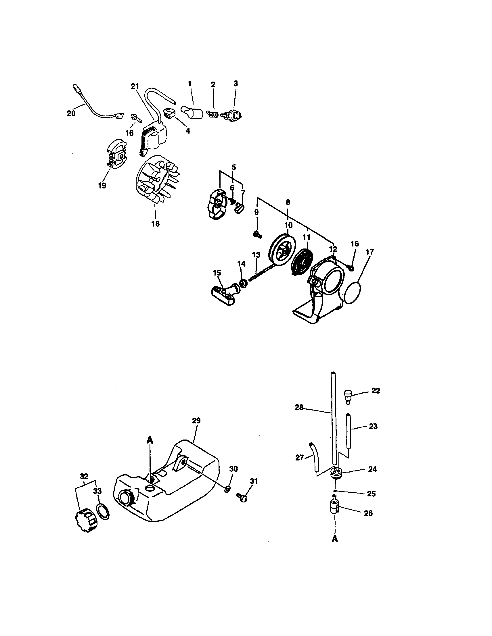 Echo SRM-2100SB TYPE 1 starter/ignition/clutch/fuel system diagram