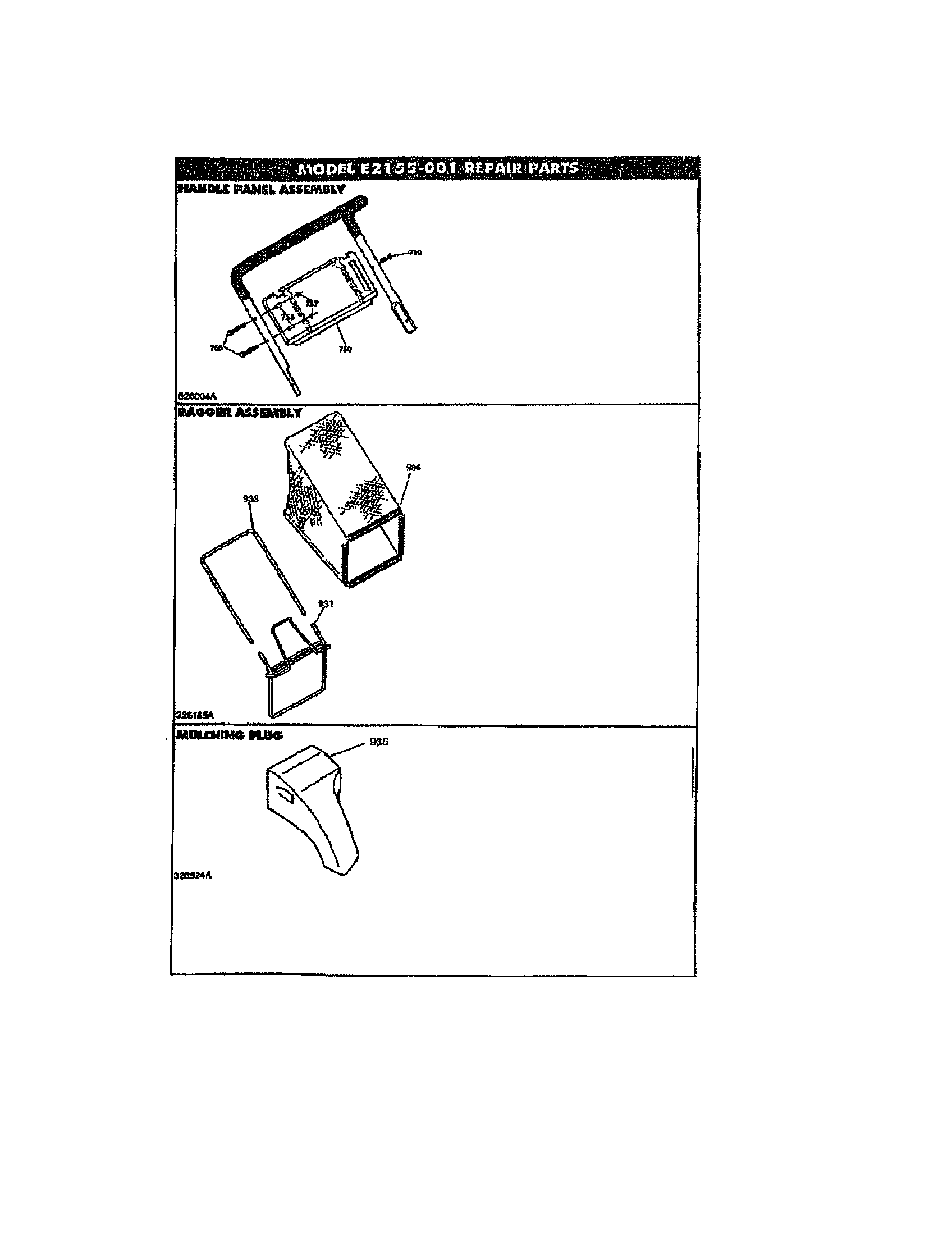 Noma E2155-001 handle panel/bagger/mulching plug diagram