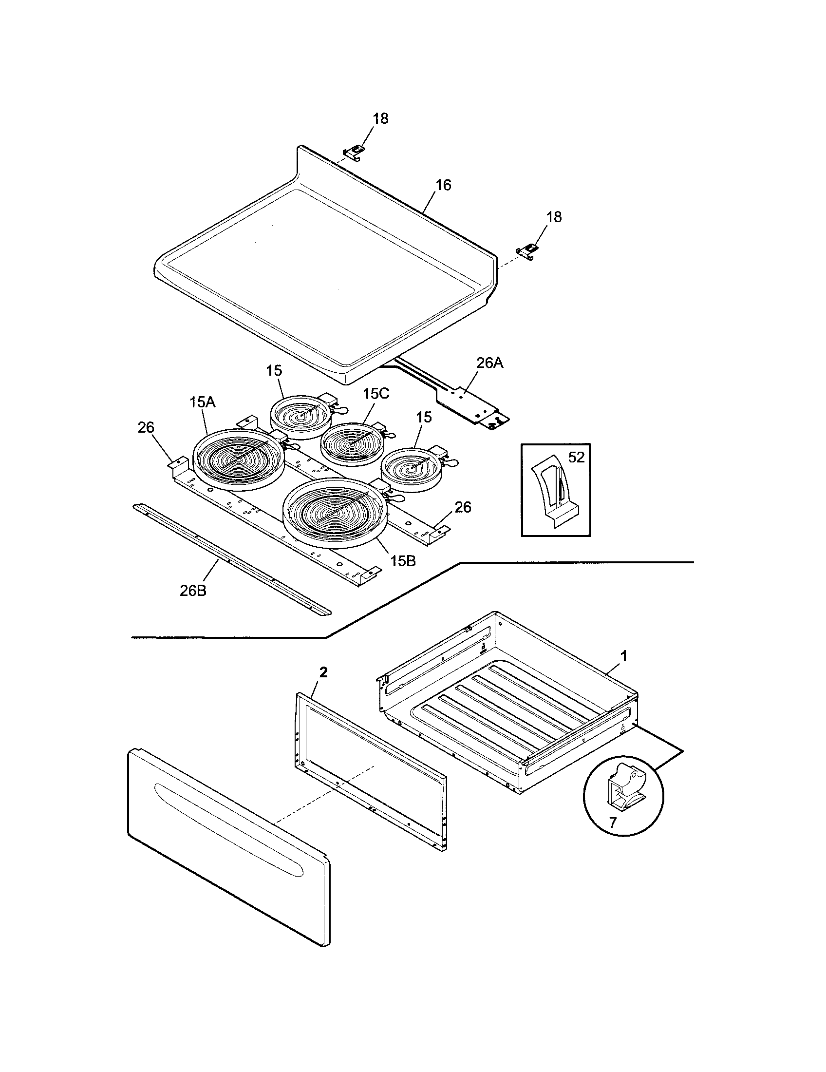 Frigidaire FGEF3034KWA top/drawer diagram