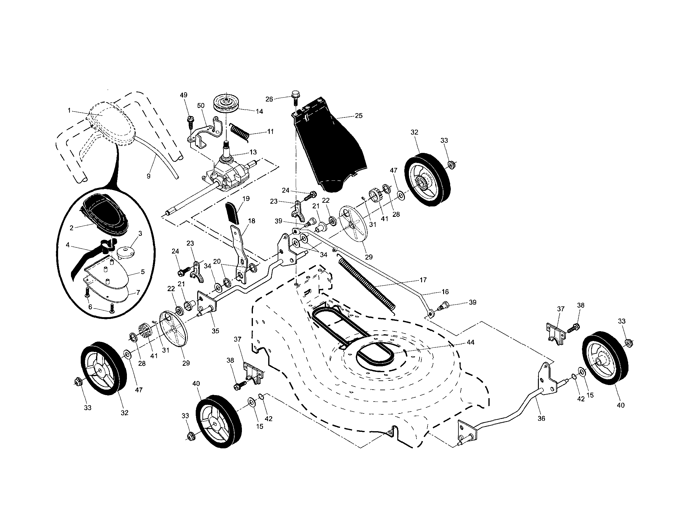 Husqvarna 917374140 drive control/gear case/wheels diagram