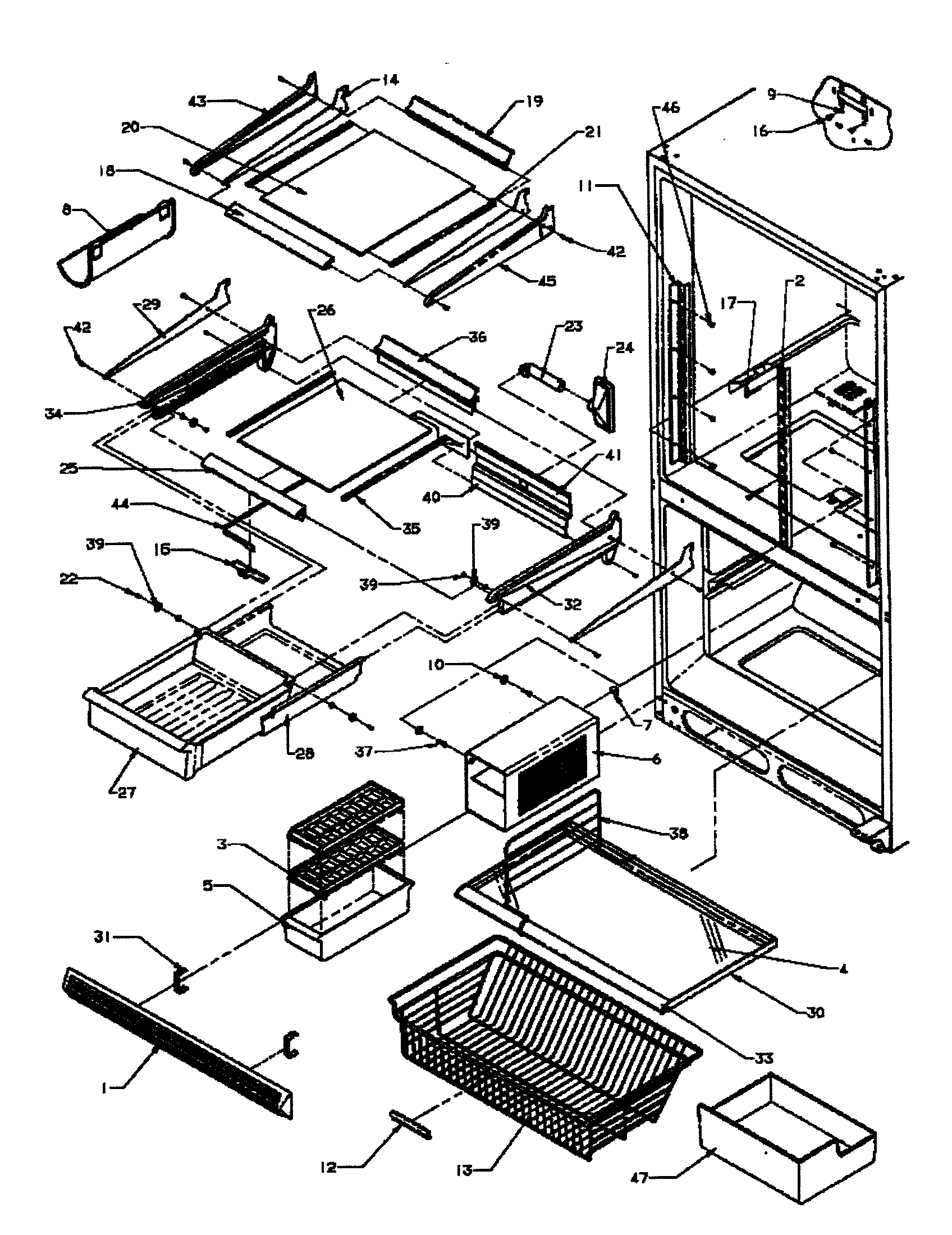 Amana BP22A2E-P1161605WE refrigerator/freezer shelving diagram