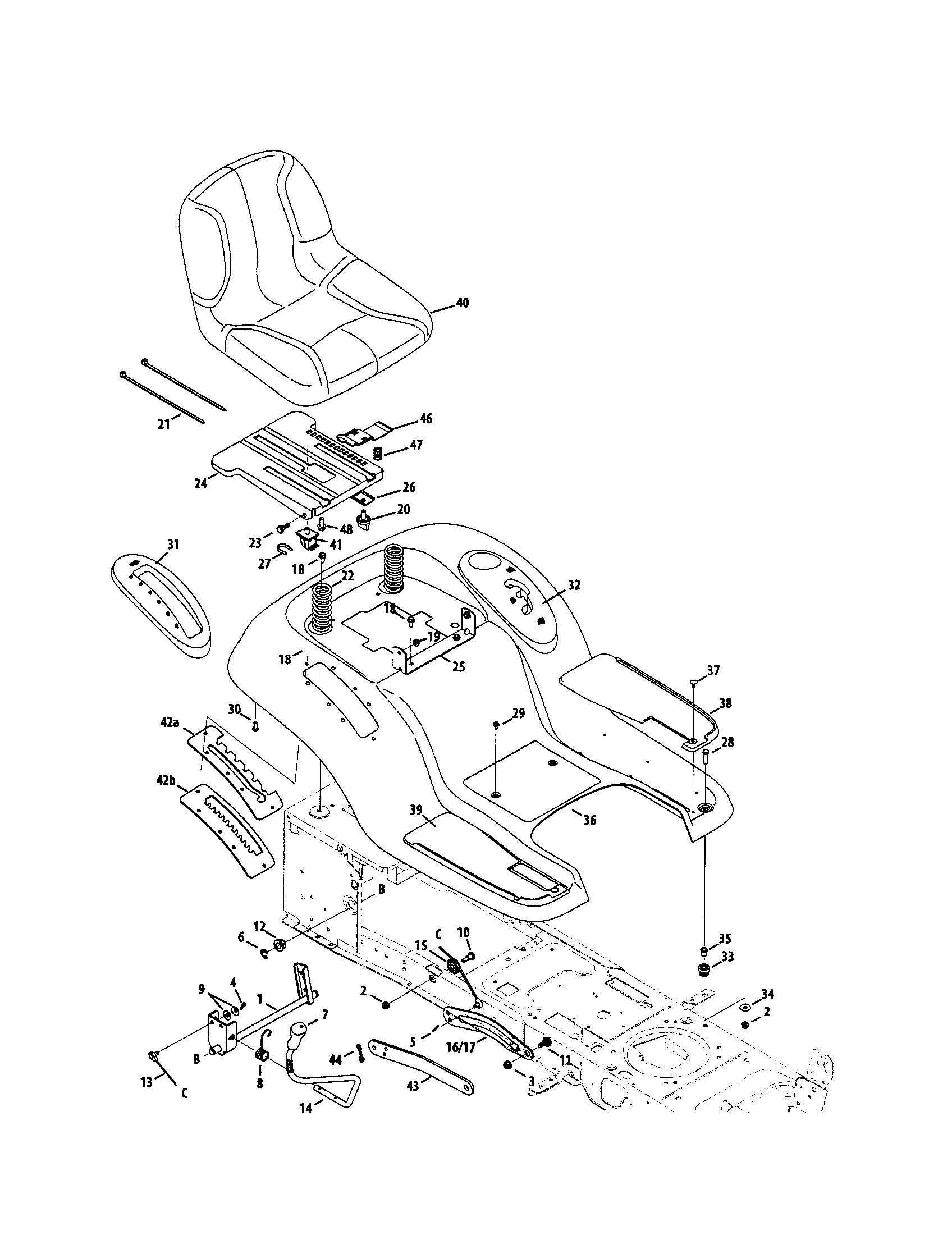 MTD 13AX90YT001 seat/fender/lift diagram