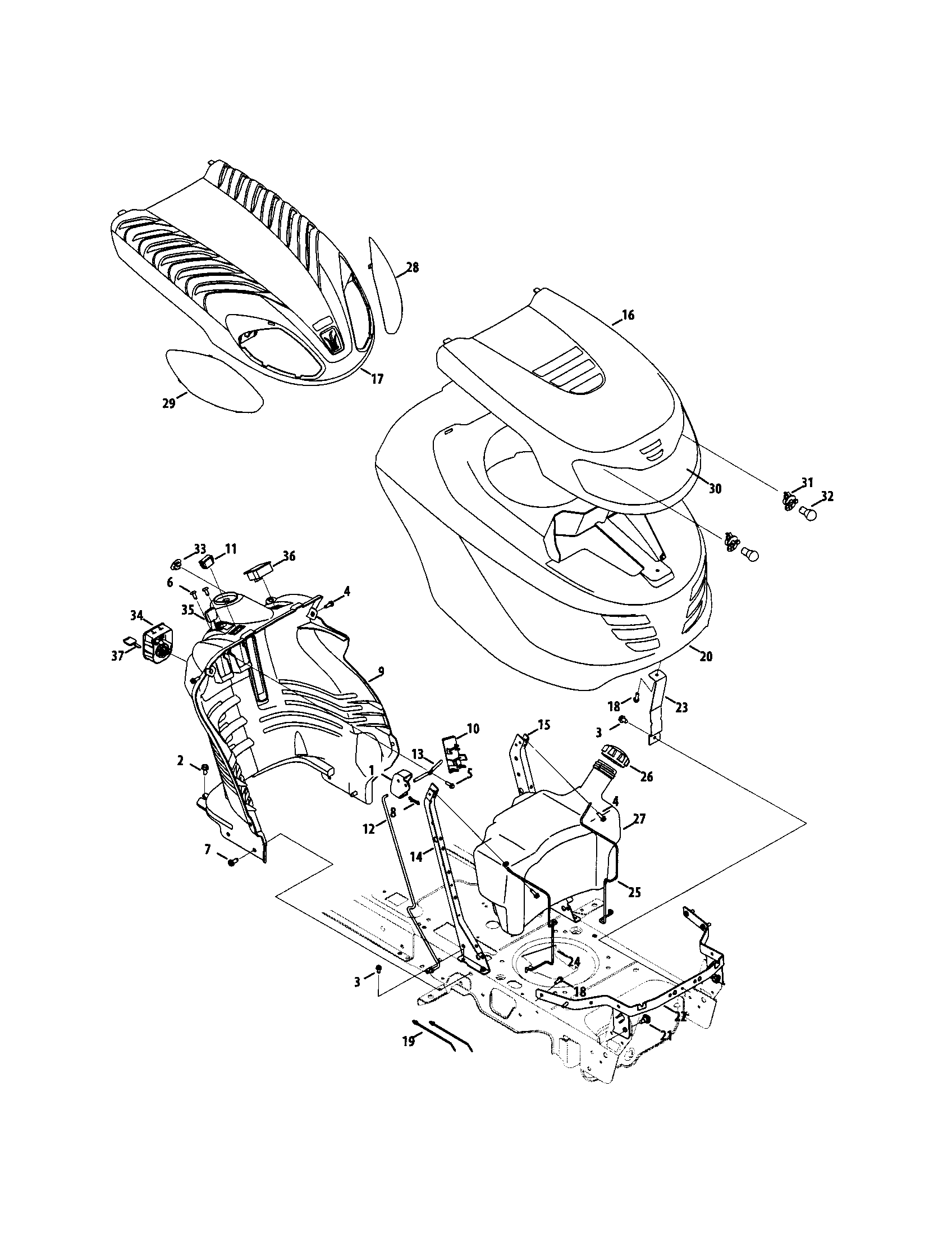 MTD 13AX90YT001 fuel tank / y/g hood / dash diagram