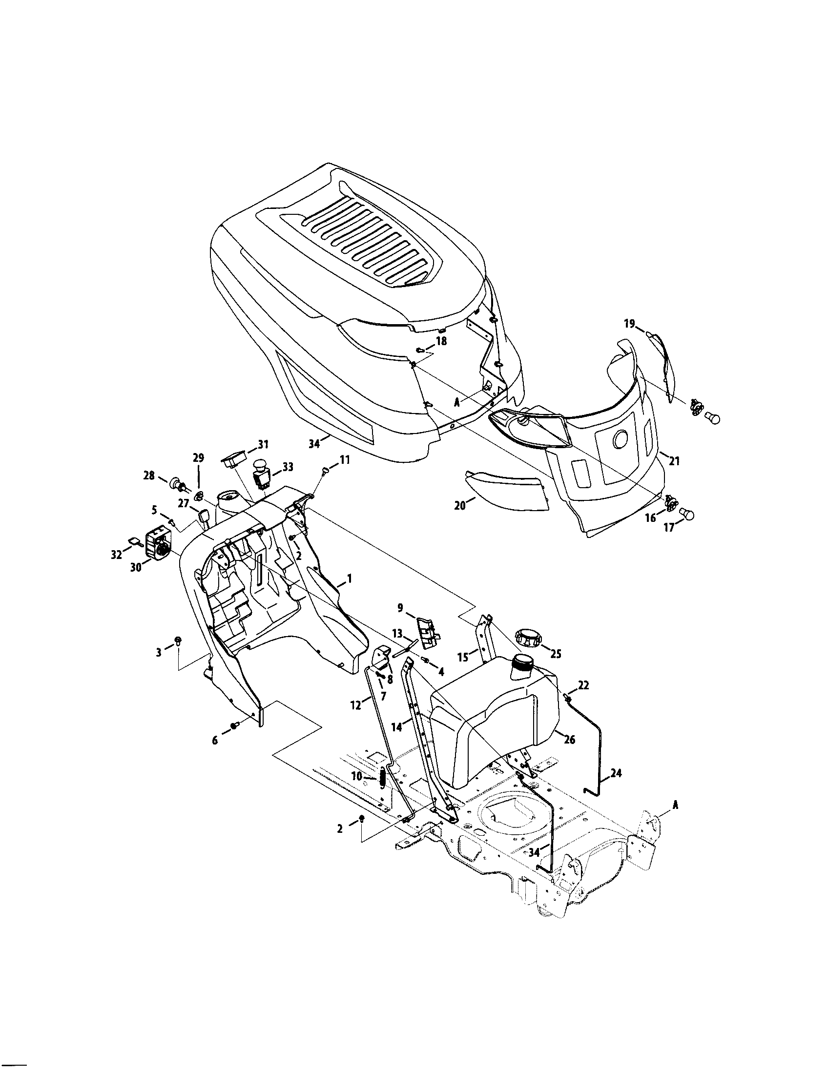 MTD 13AX90YT001 fuel tank/k hood/dash diagram