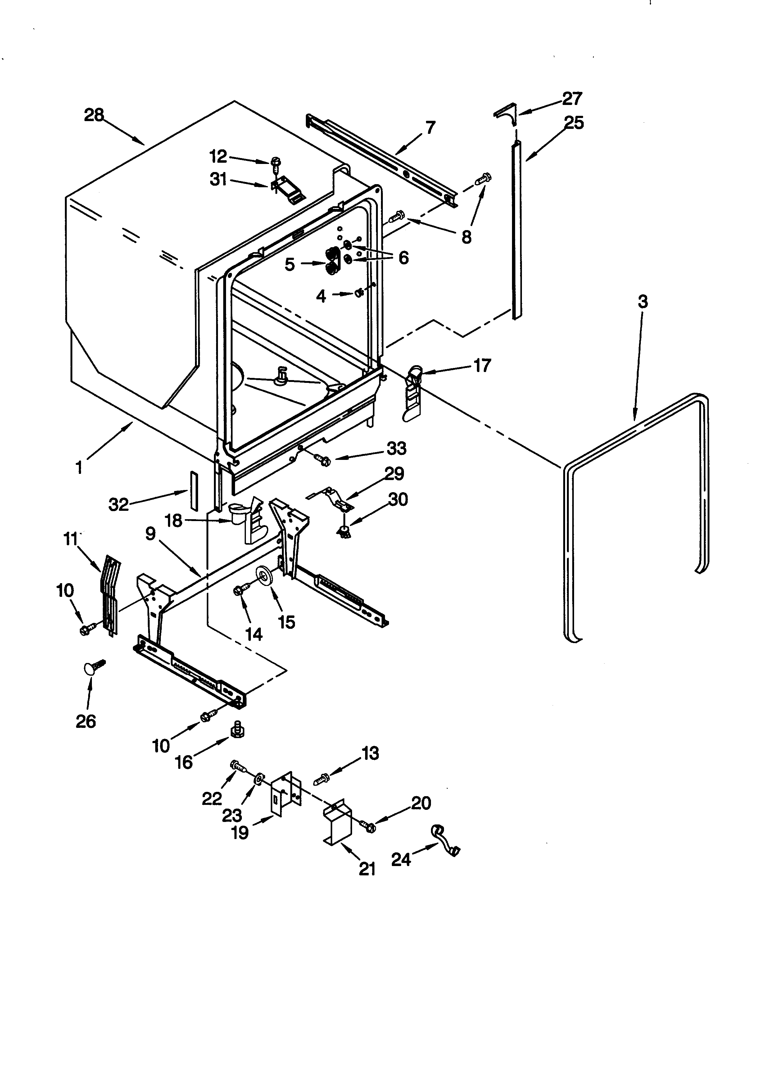 KitchenAid KUDS24SEBS4 tub and frame diagram