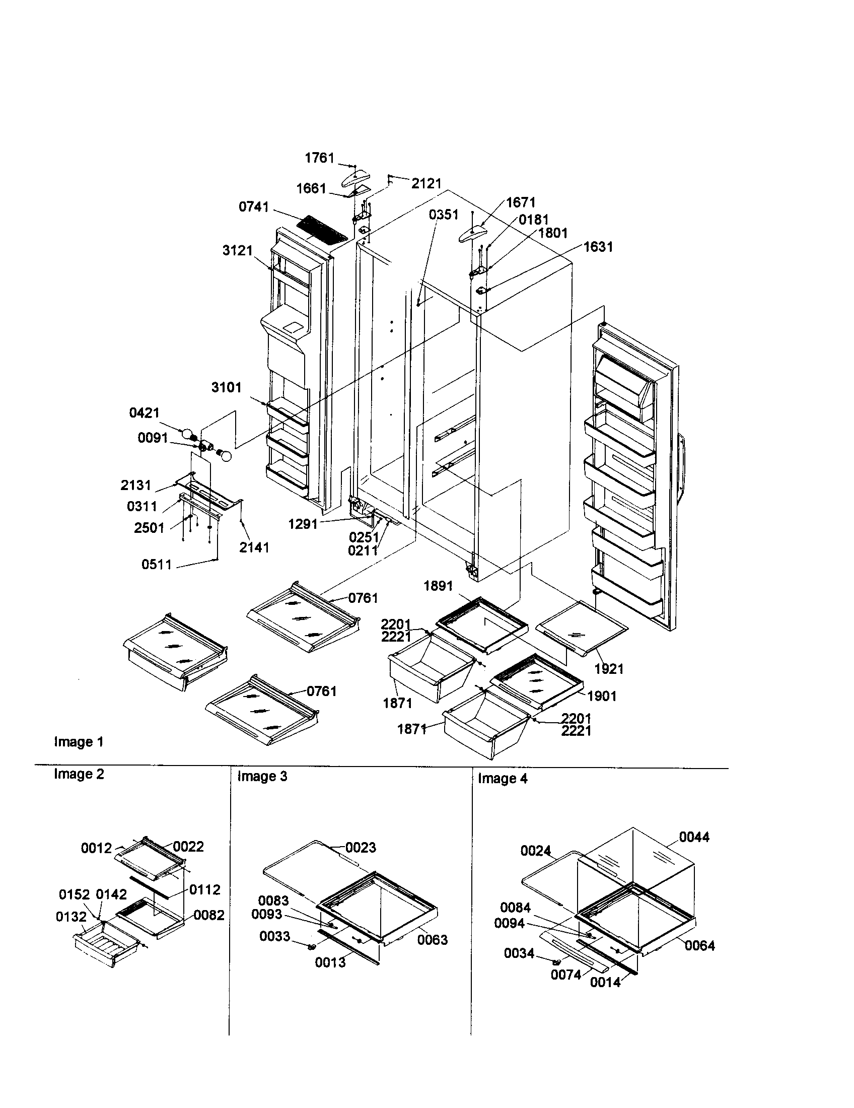 Amana SXD25S2W-P1303504WW shelves, lights, and hinges diagram