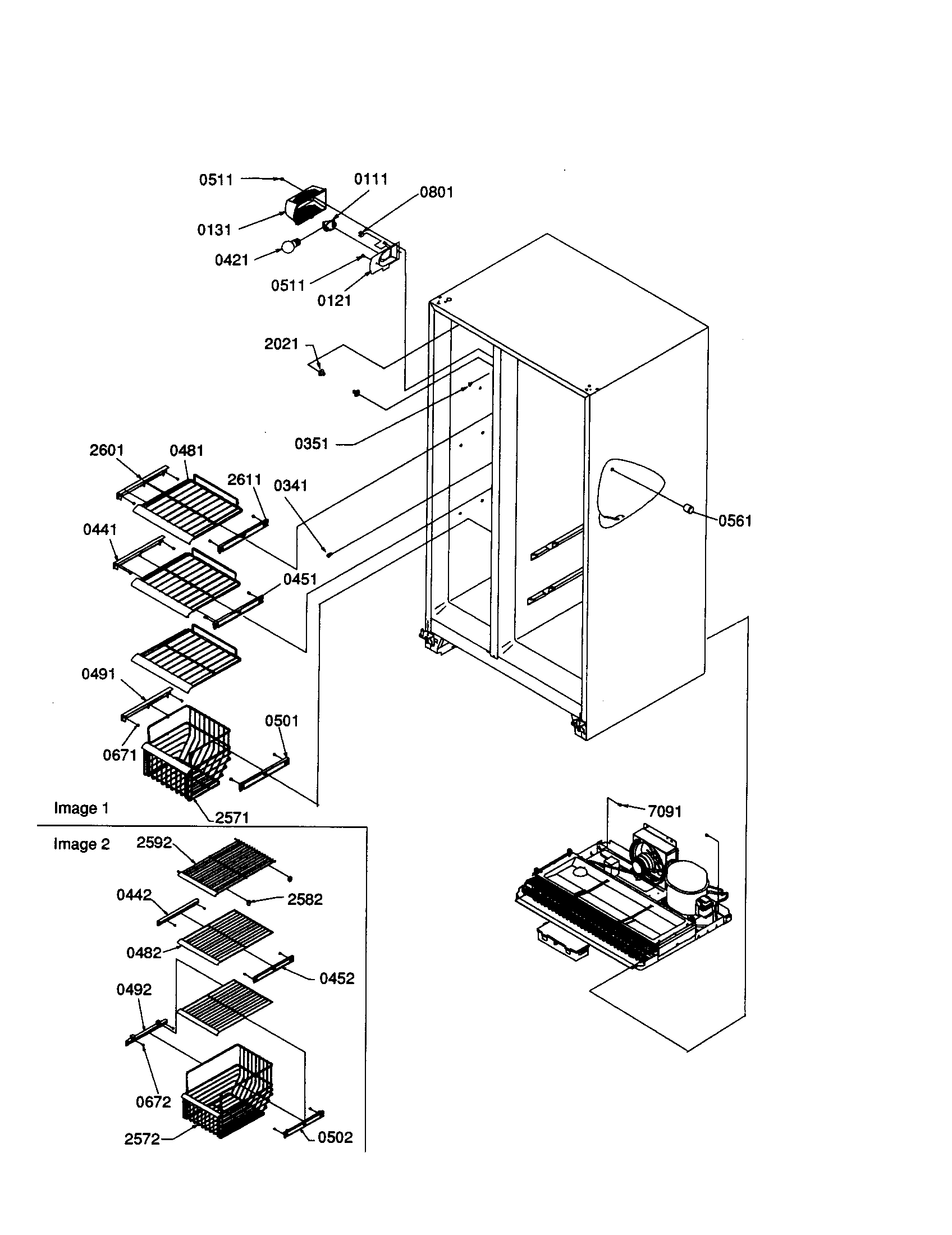 Amana SXD25S2W-P1303504WW freezer shelves and light diagram