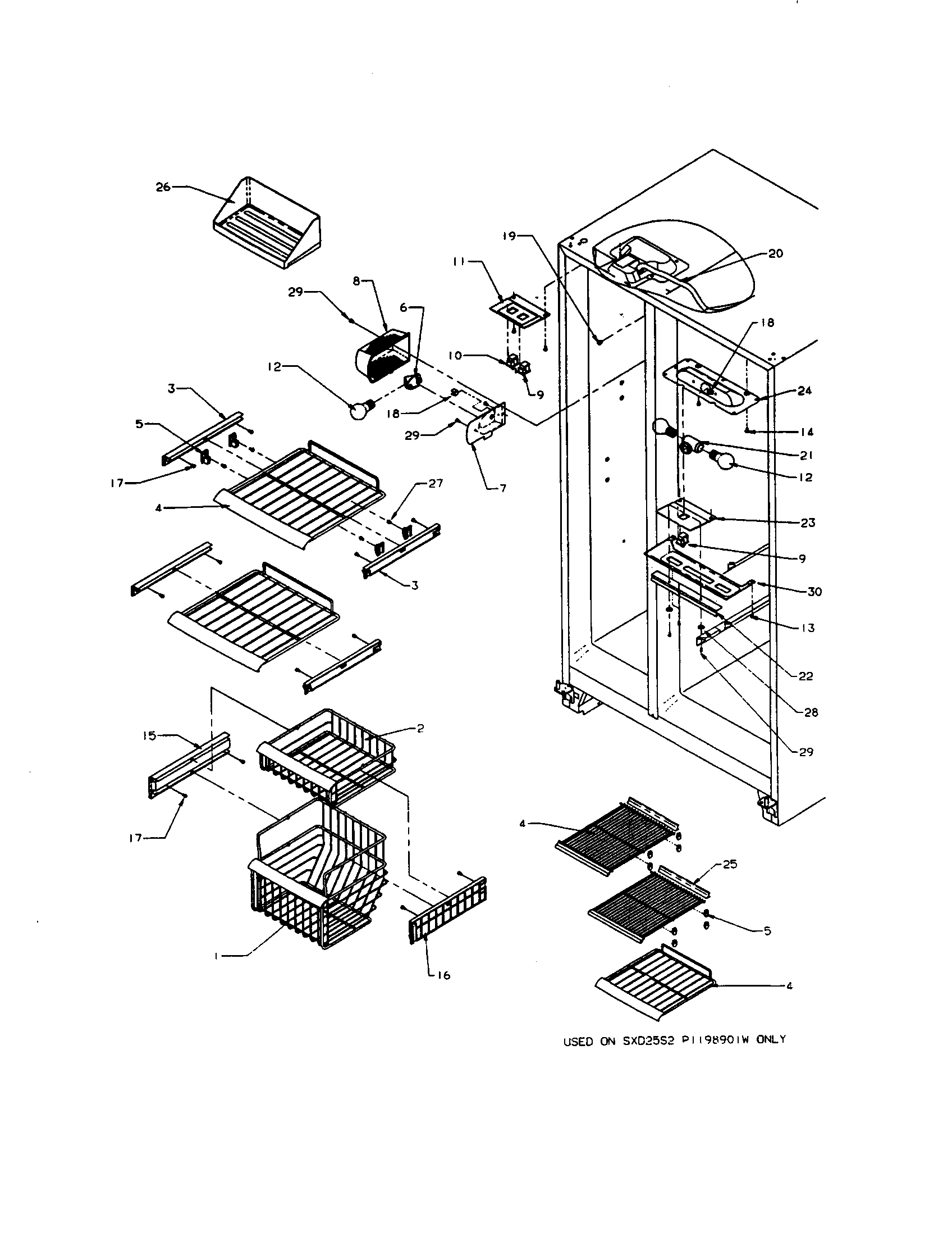 Amana SXD22S2E-P1190404WE freezer baskets and shelves diagram