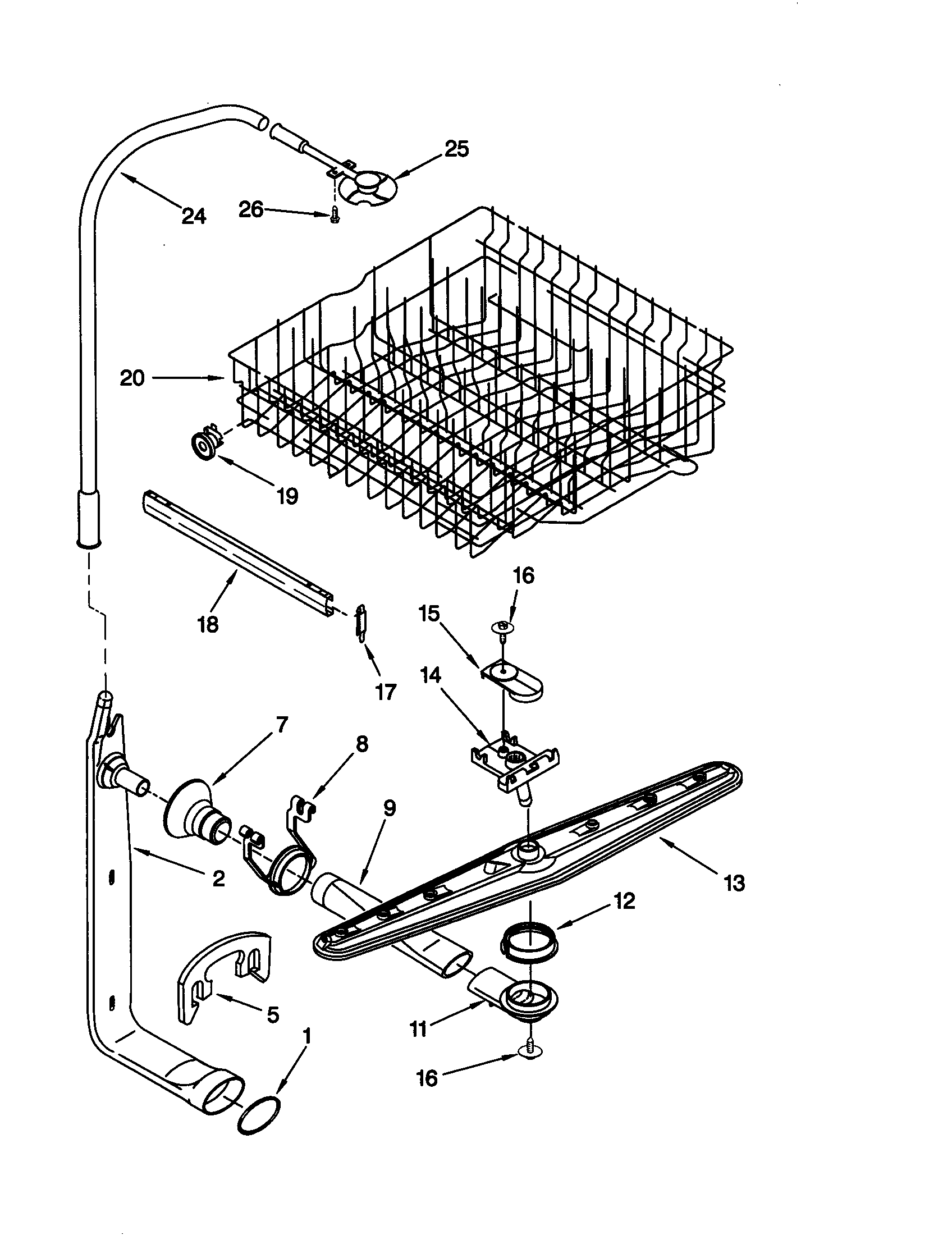 Whirlpool DU925SCGB0 upper dishrack and water feed diagram