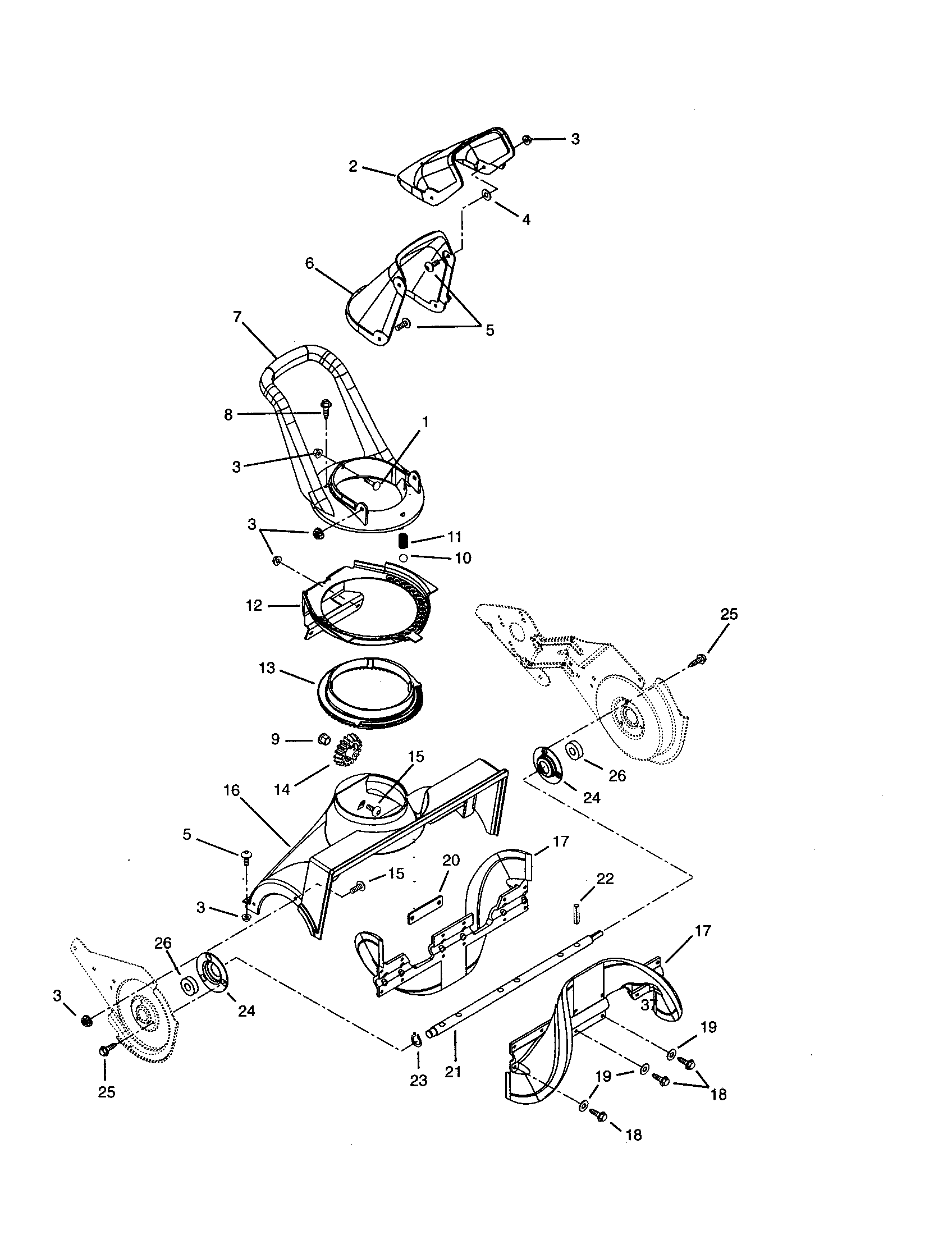 Ariens 938011-000101 AND UP auger/impeller and discharge chute diagram