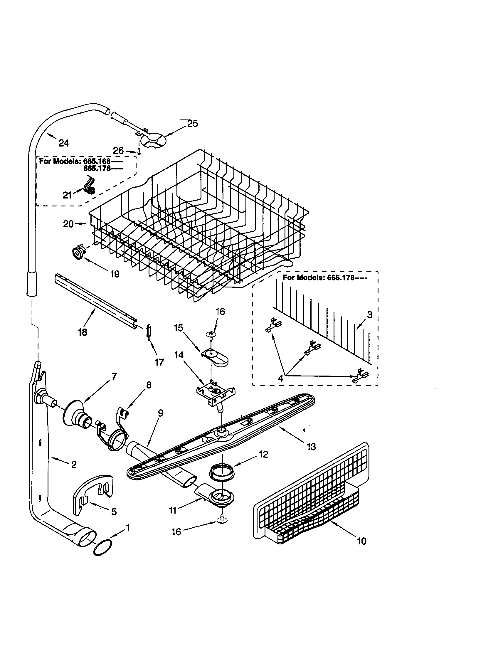 Kenmore 66516808890 upper dishrack and water feed diagram